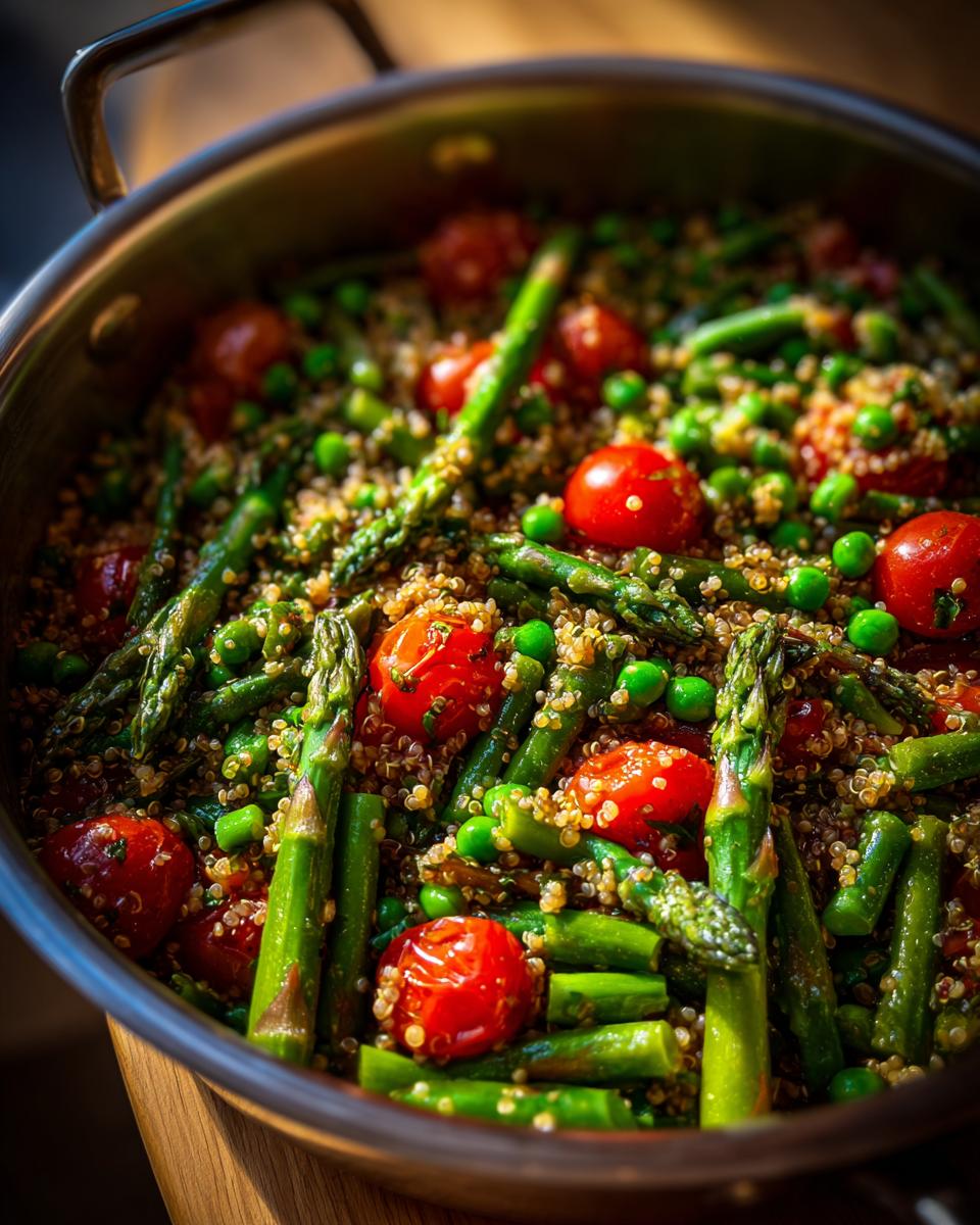 Close-up of spring one pot meals with asparagus, cherry tomatoes, peas, and quinoa in a pot.