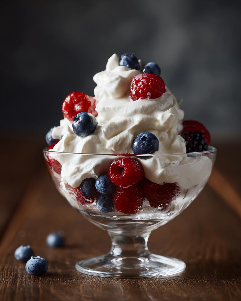 Glass bowl with whipped cream topped with fresh raspberries and blueberries spring party dessert recipes