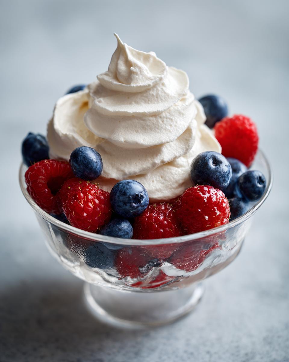 Glass cup filled with fresh raspberries, blueberries, and whipped cream, a spring party dessert recipe