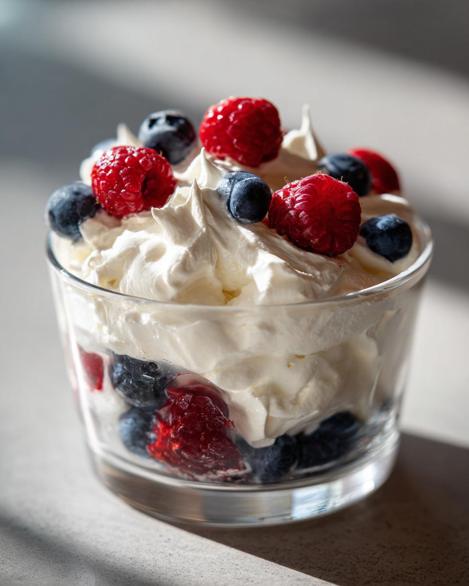 Glass cup filled with whipped cream topped with fresh raspberries and blueberries, a spring party dessert recipe