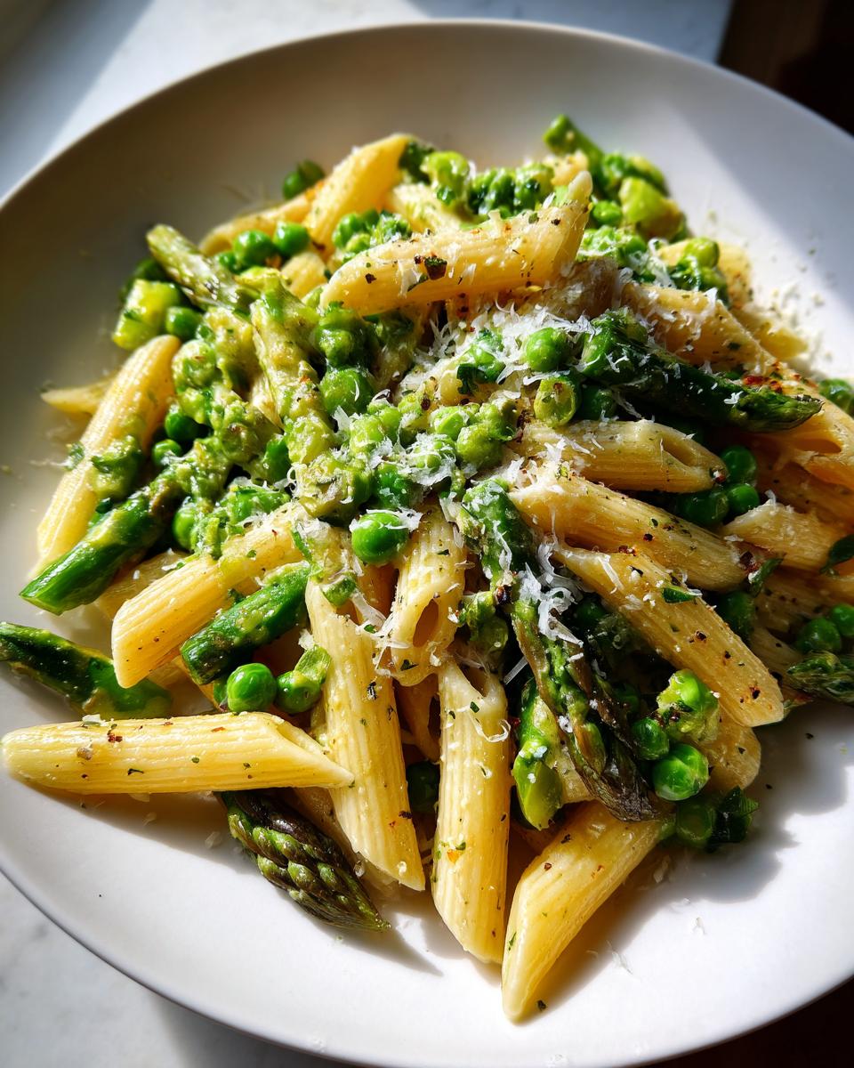 Plate of penne pasta with asparagus, peas, and grated cheese, perfect spring dinner recipes