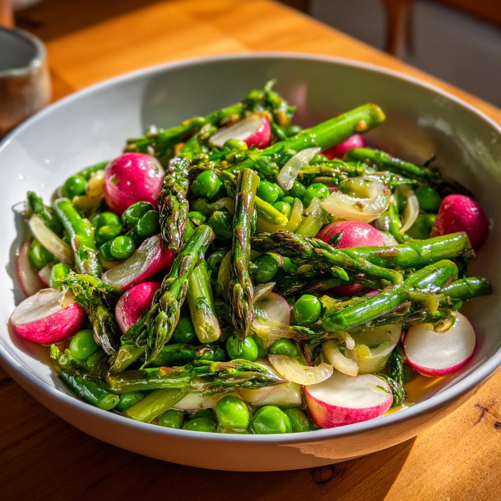 Bowl of vibrant spring vegetable side dishes with asparagus, peas, radishes, and onions.