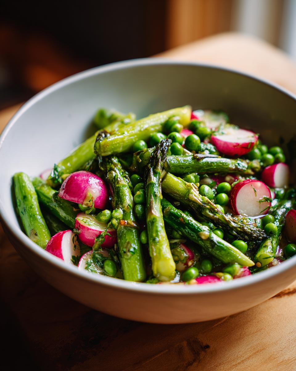 Bowl of spring vegetable side dishes with asparagus, peas, and radishes.