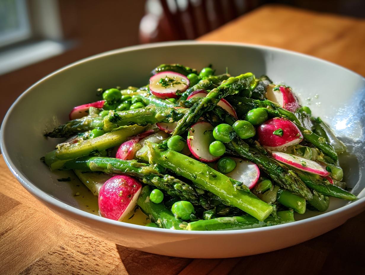 Bowl of spring vegetable side dishes with asparagus, radishes, and green peas in light dressing.