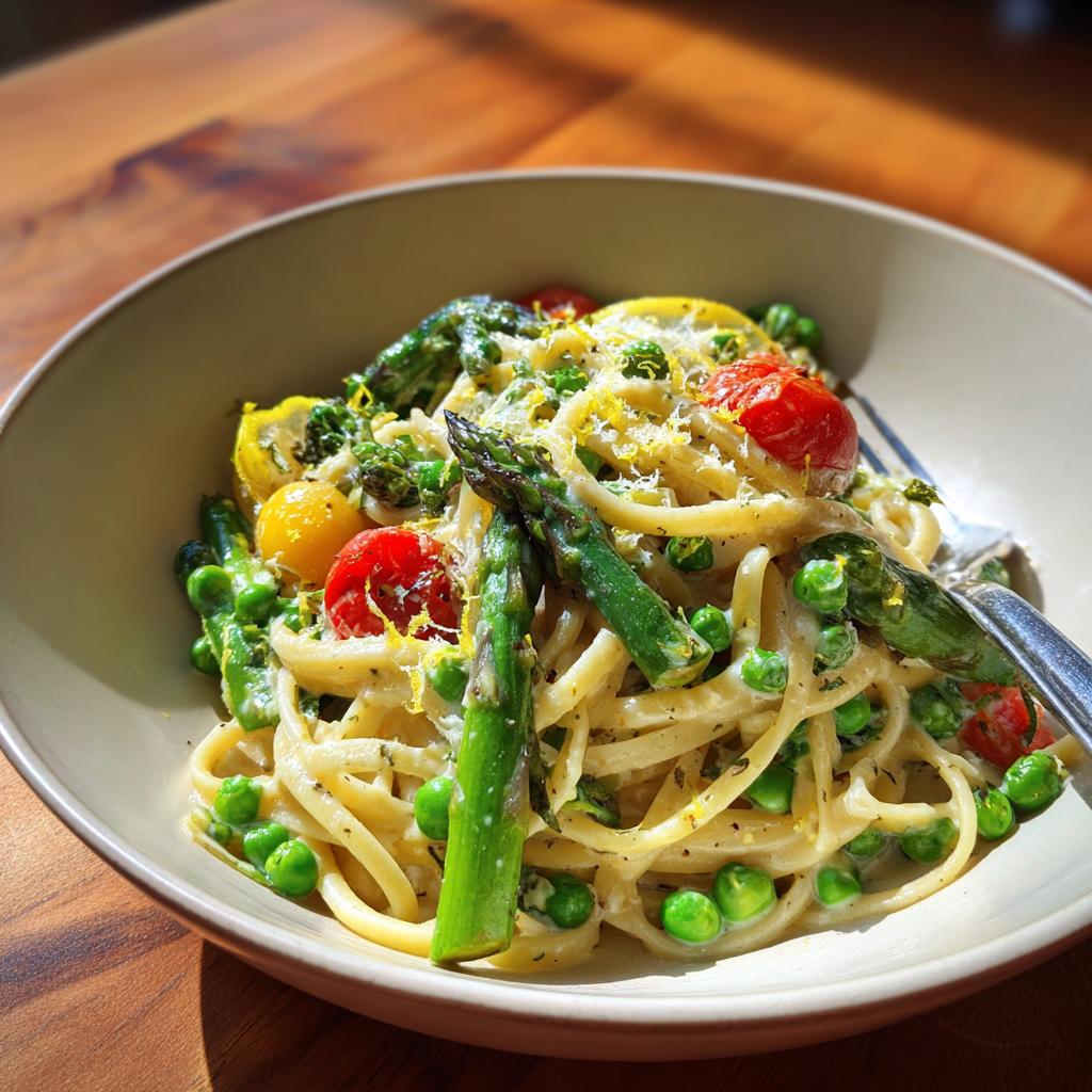 Bowl of pasta primavera with asparagus, peas, cherry tomatoes, and lemon zest for spring vegetarian dinners