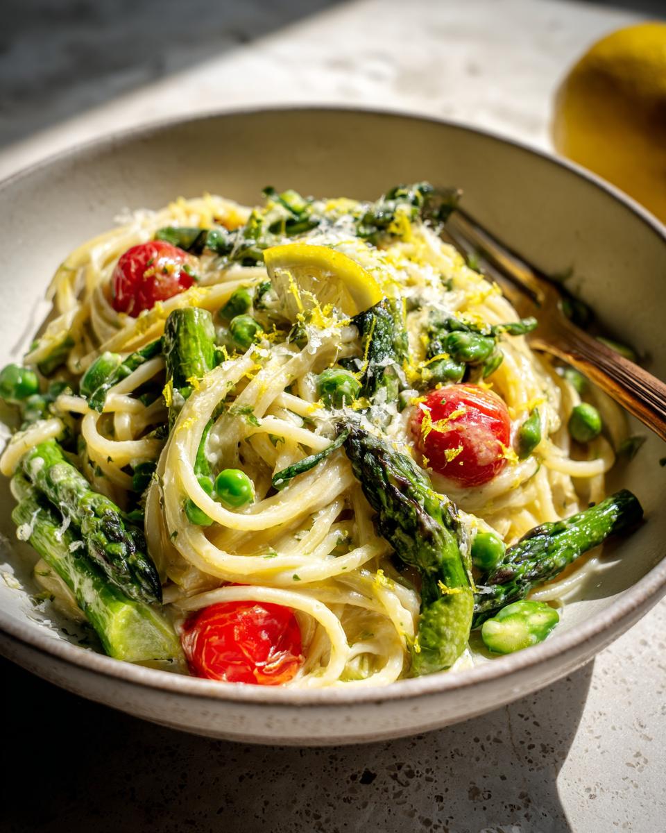 Bowl of spring vegetarian dinners pasta primavera with asparagus, cherry tomatoes, peas, and lemon zest