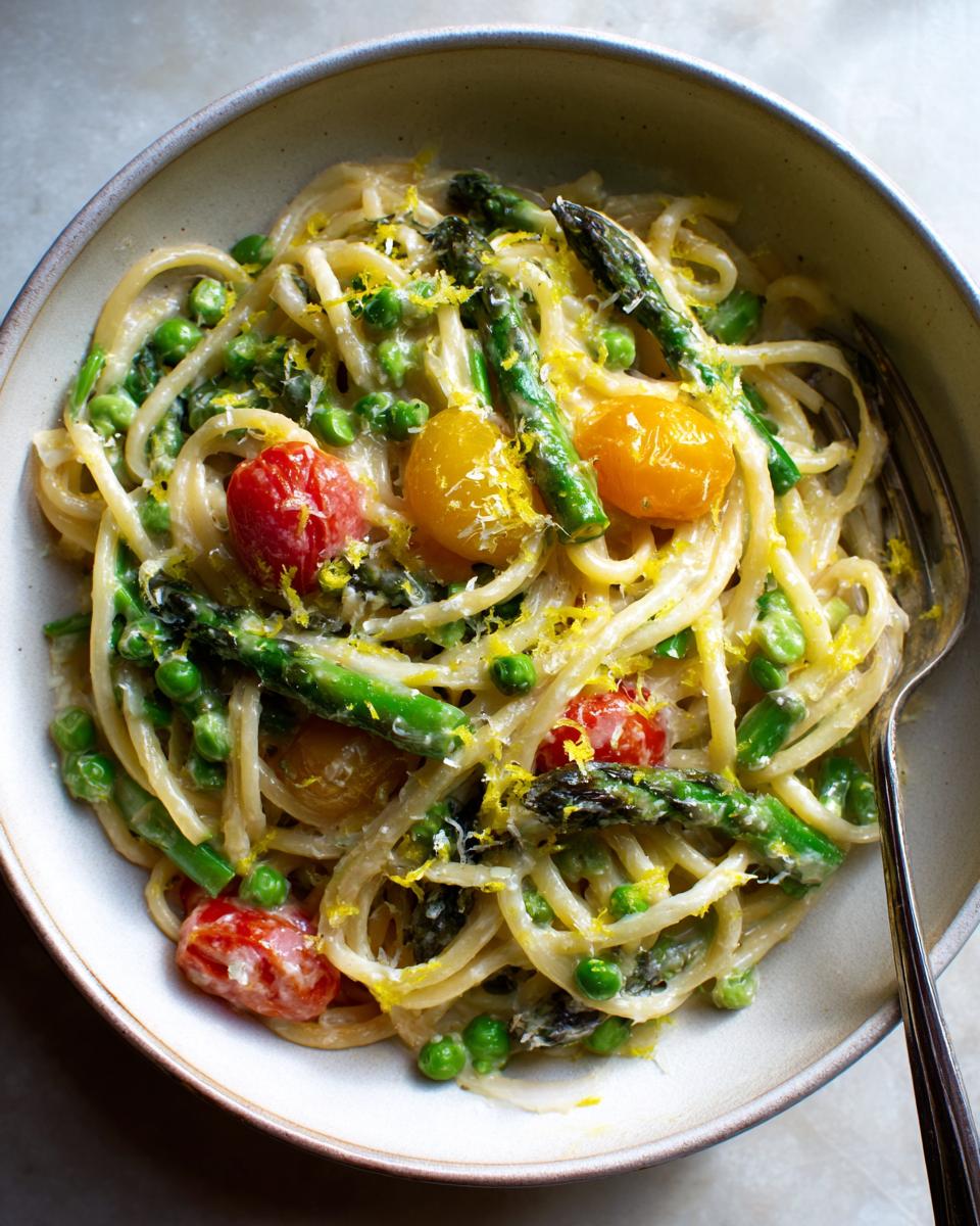 Bowl of spring vegetarian dinners pasta primavera with asparagus, peas, cherry tomatoes, and lemon zest