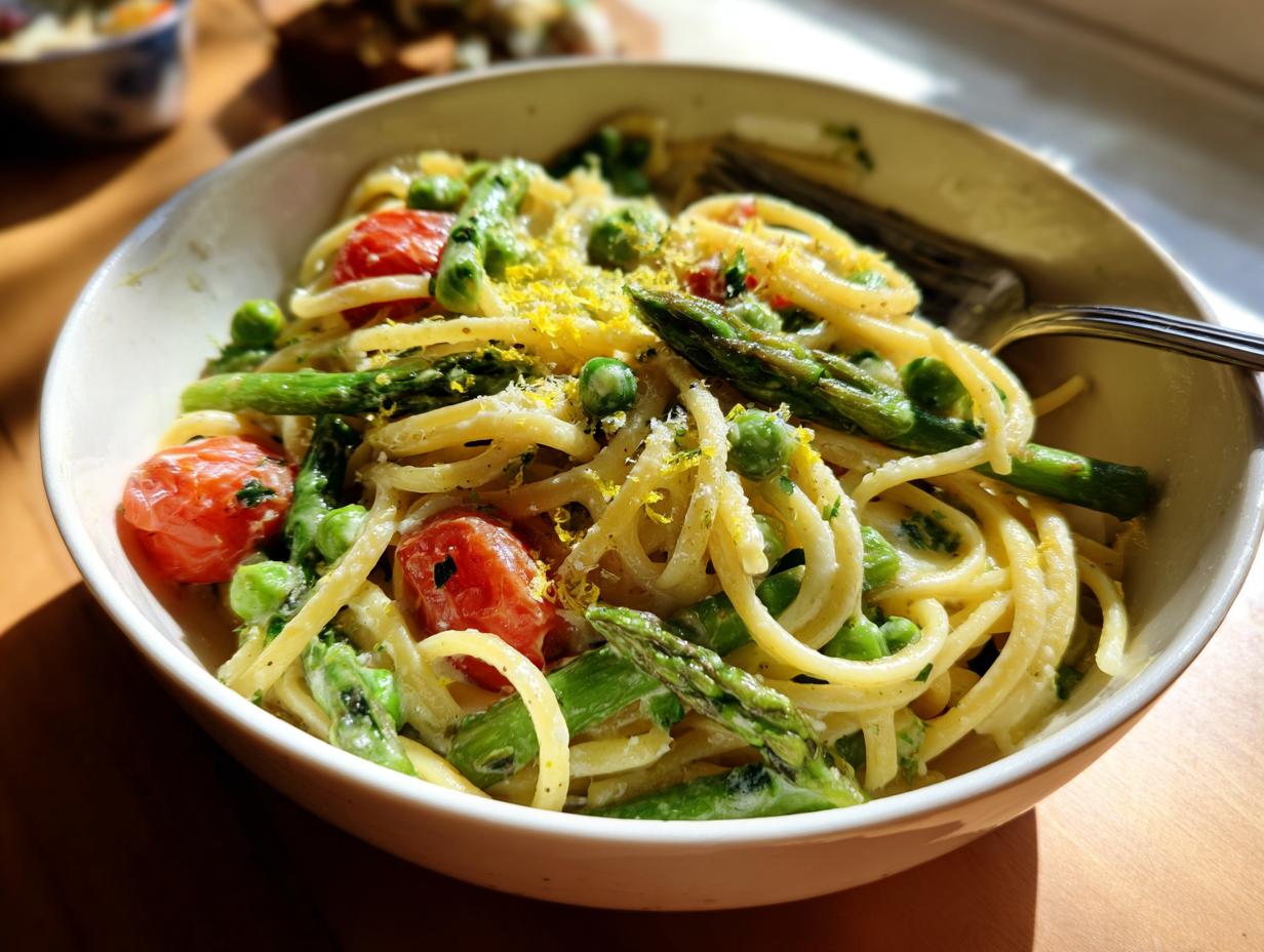 Bowl of pasta primavera with asparagus, peas, cherry tomatoes, and lemon zest for spring vegetarian dinners