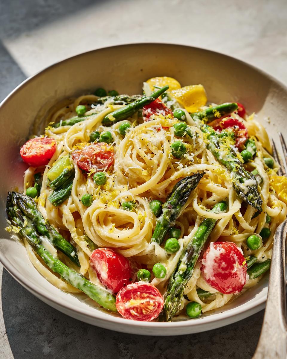 Bowl of creamy spring vegetarian pasta primavera with asparagus, peas, and cherry tomatoes