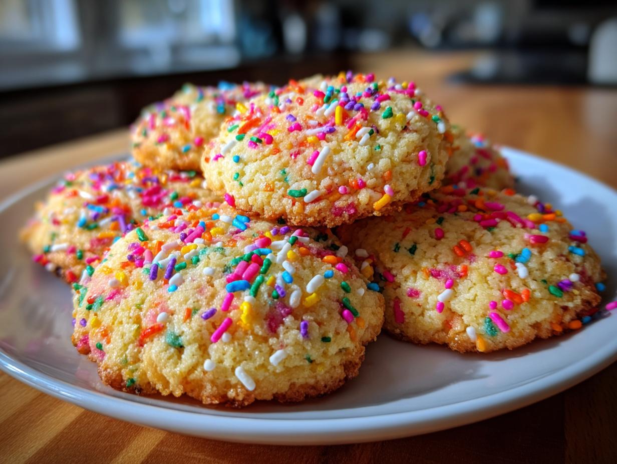 Plate of colorful sprinkle cookies perfect for kid friendly dessert recipes.