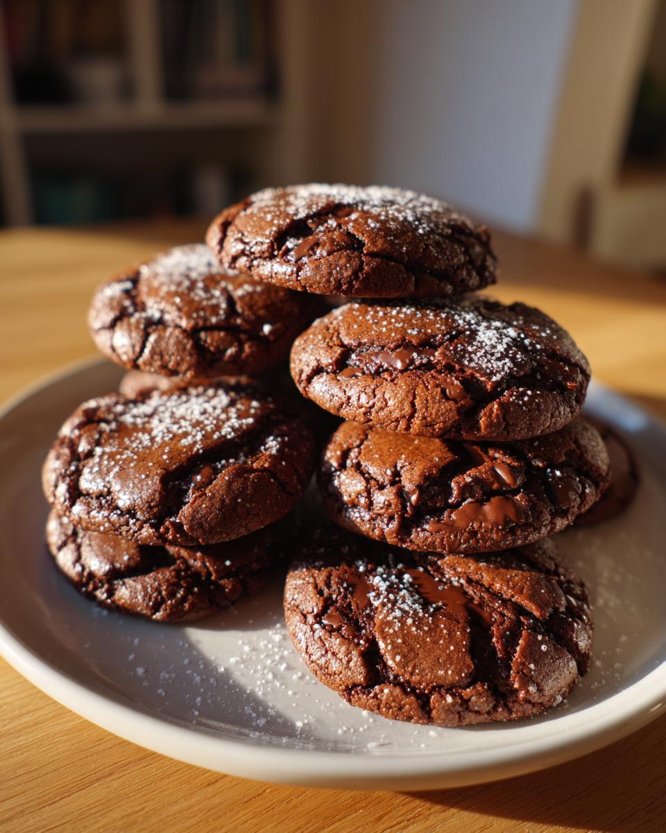 Close-up of a stack of easy chocolate cookies dusted with powdered sugar on a white plate.