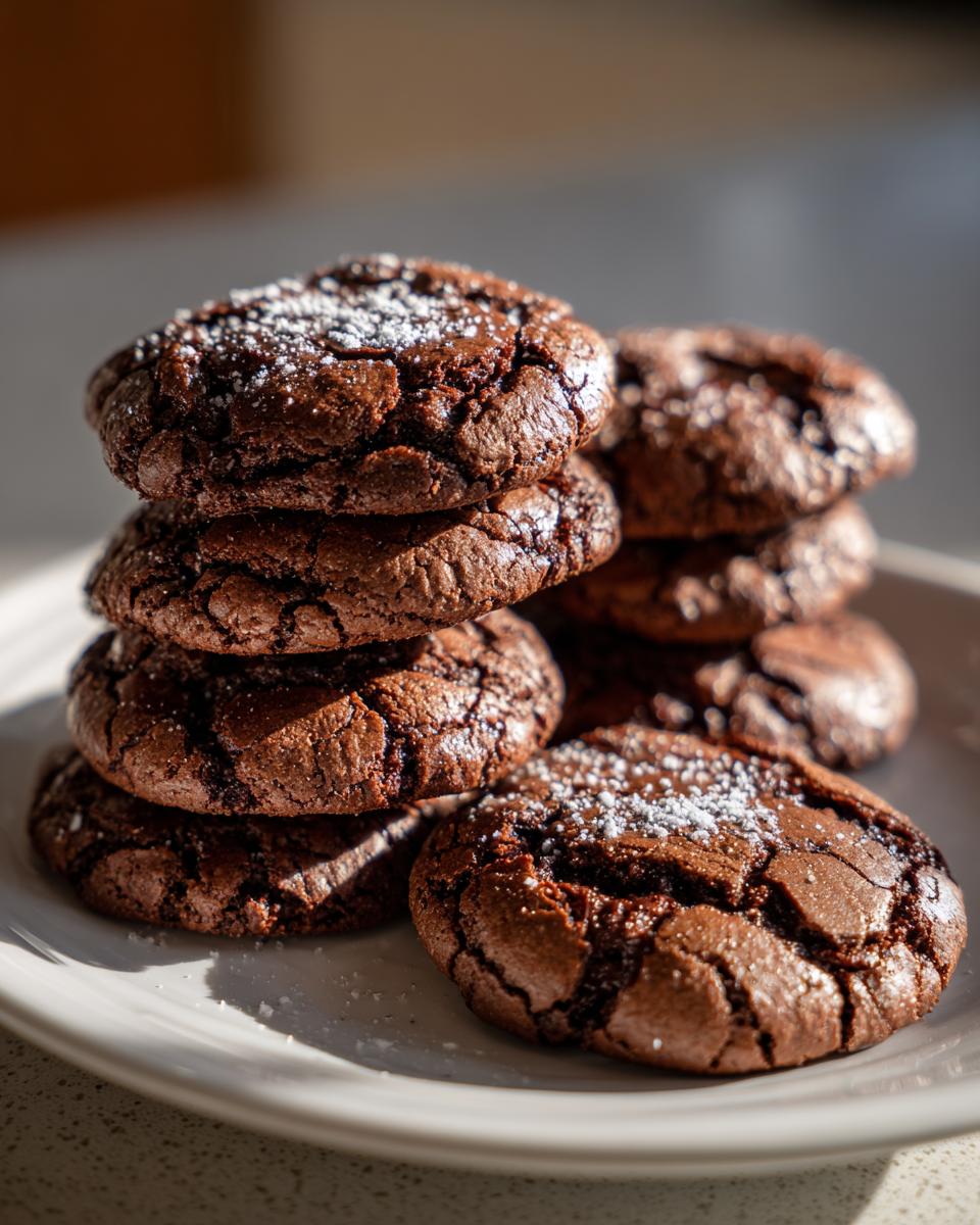 Close-up of a stack of easy chocolate cookies dusted with powdered sugar on a white plate.