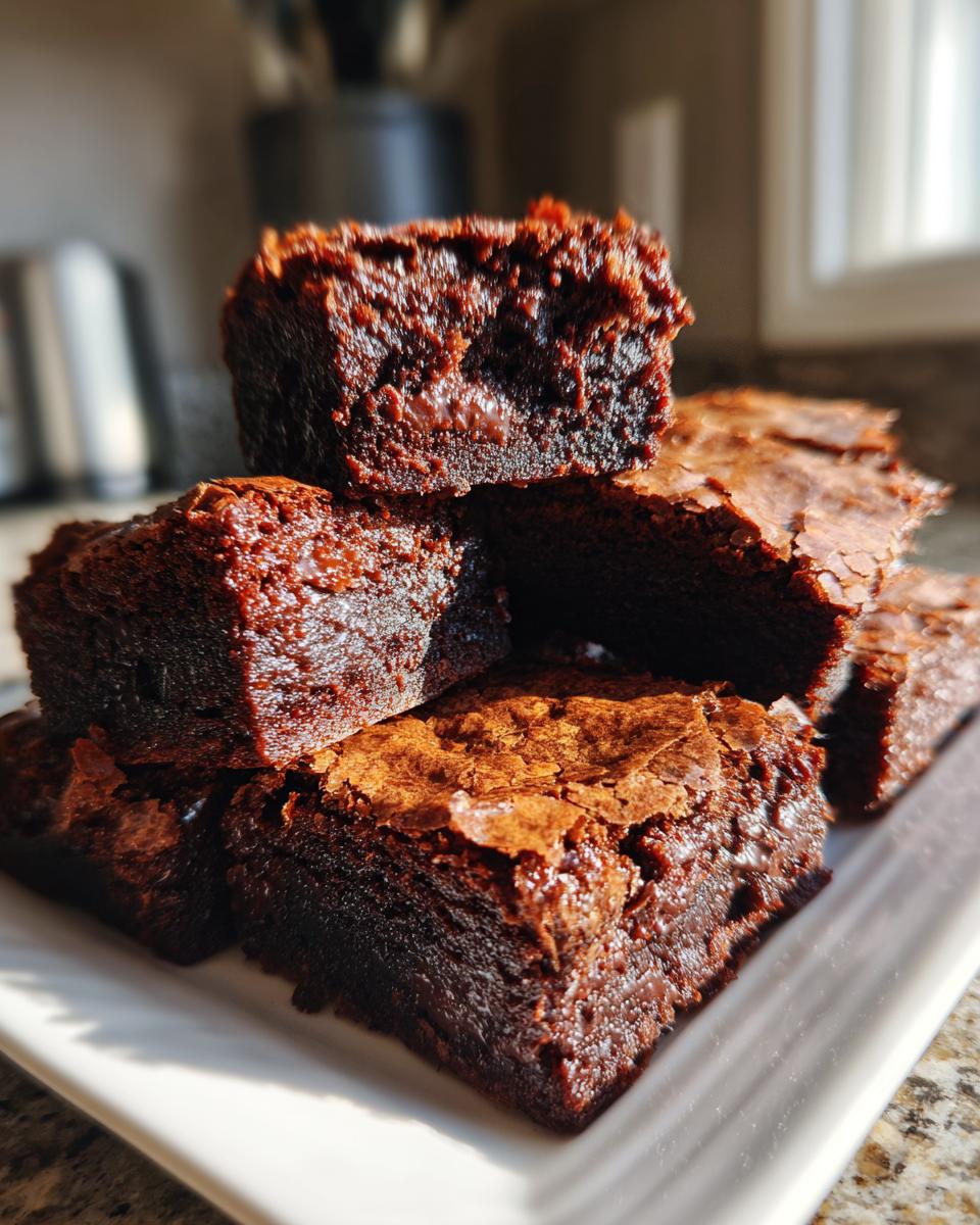 Close-up of moist, rich fudgy brownie recipes stacked on a white plate.