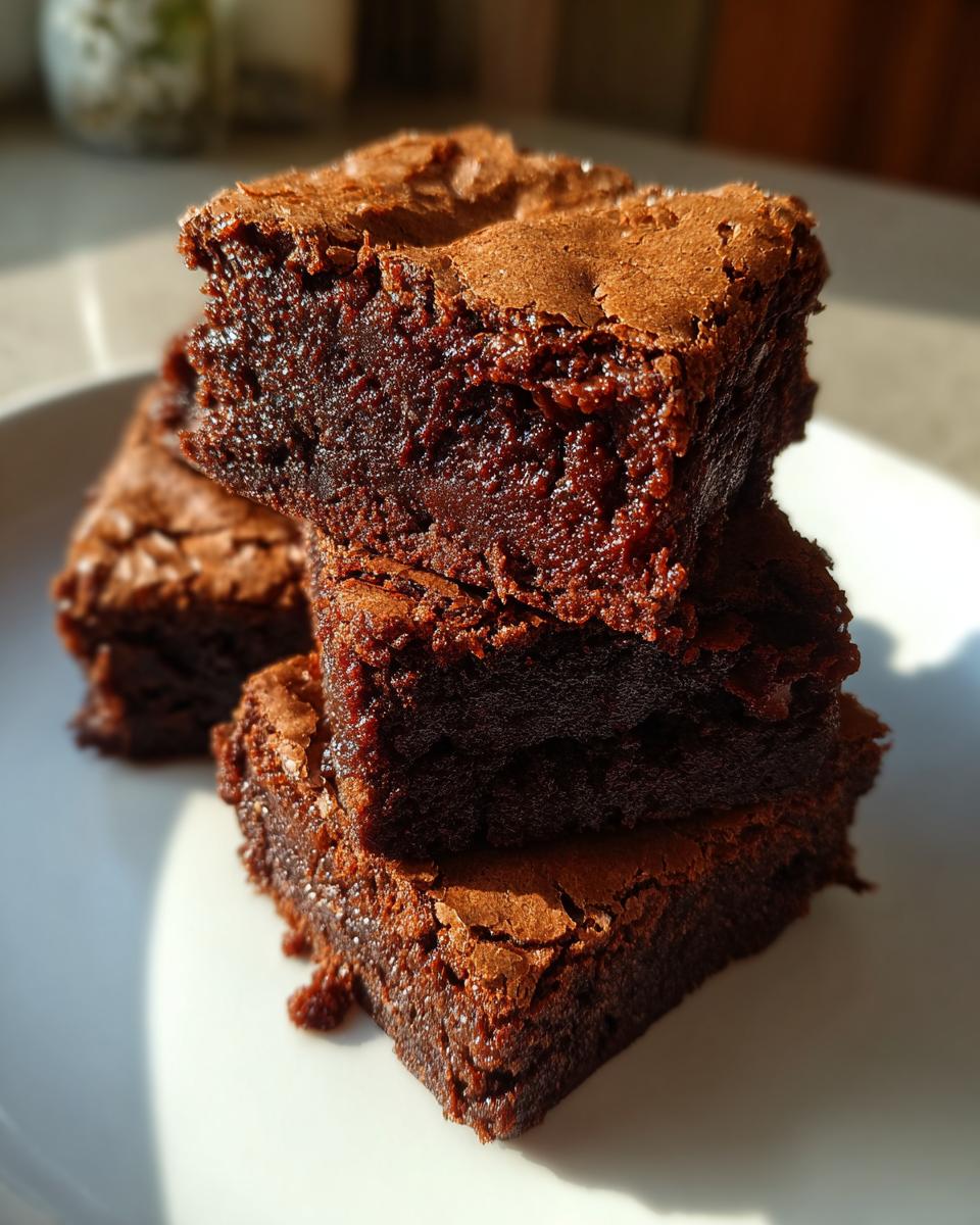 Close-up of three rich, fudgy brownies stacked on a white plate with a crackly top.