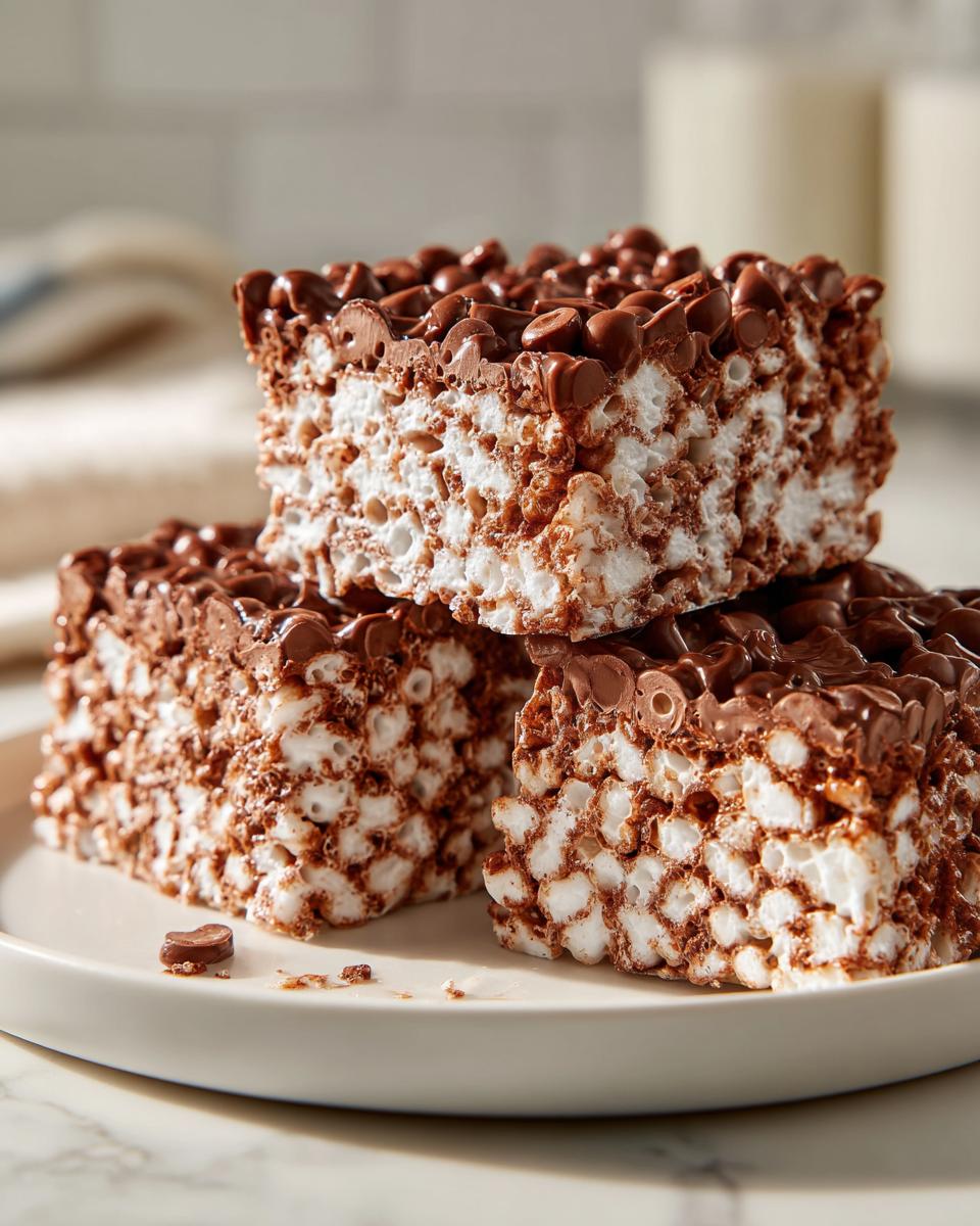Close-up of stacked chocolate rice krispie treats with melted chocolate chips on top.