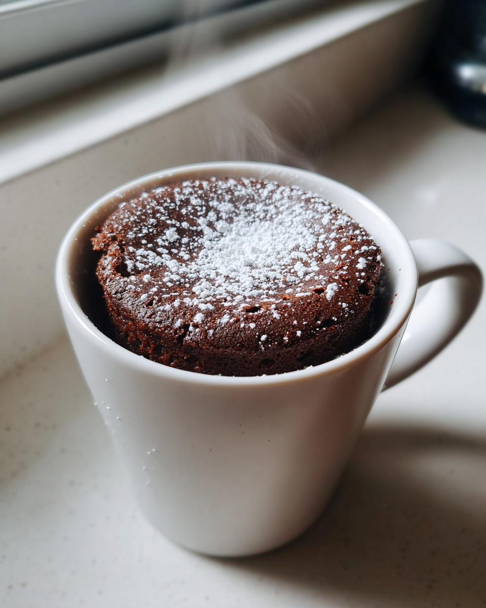 Steaming chocolate mug cake topped with powdered sugar in a white mug on a kitchen counter