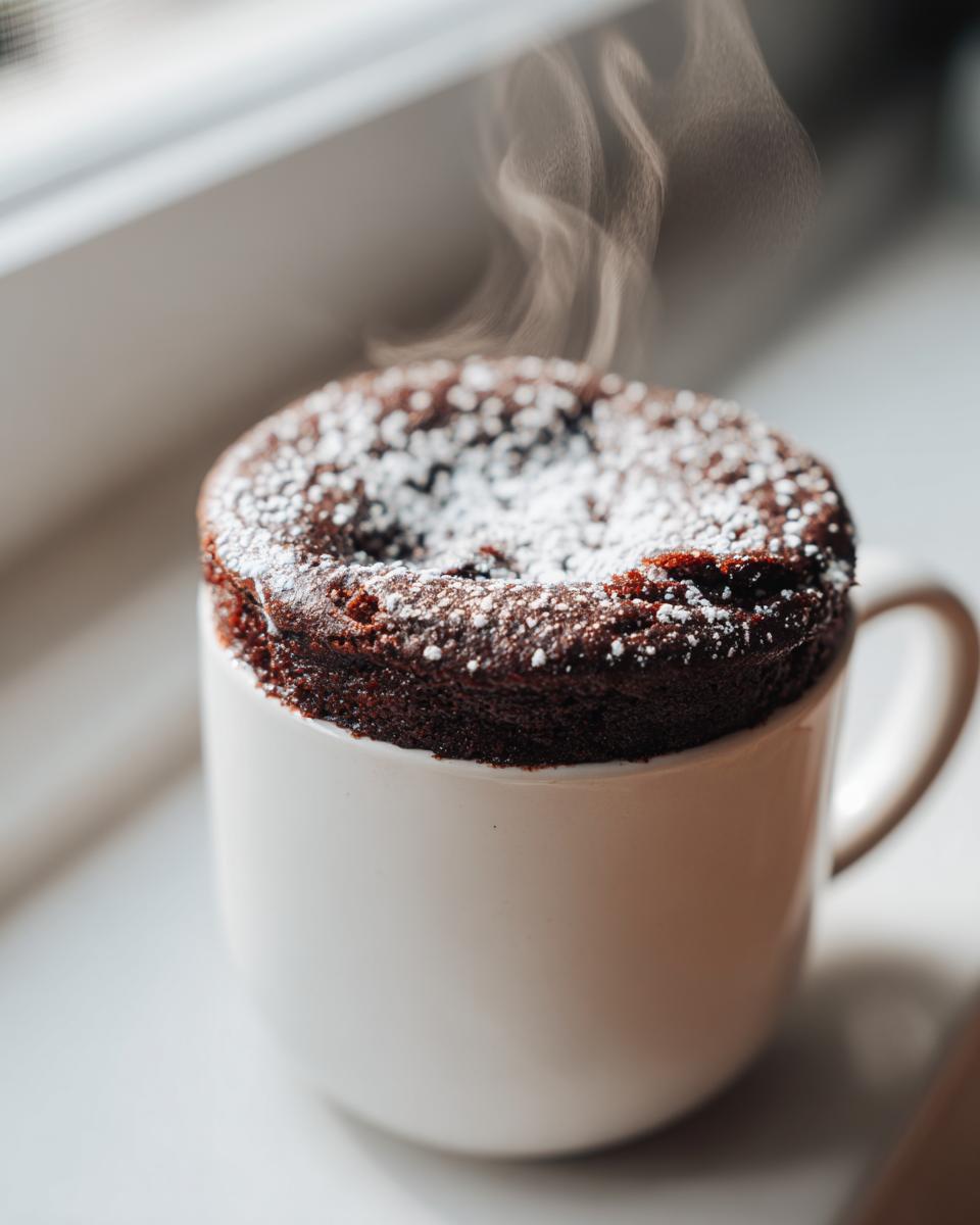 Steaming chocolate mug cake dusted with powdered sugar in a white cup on a windowsill