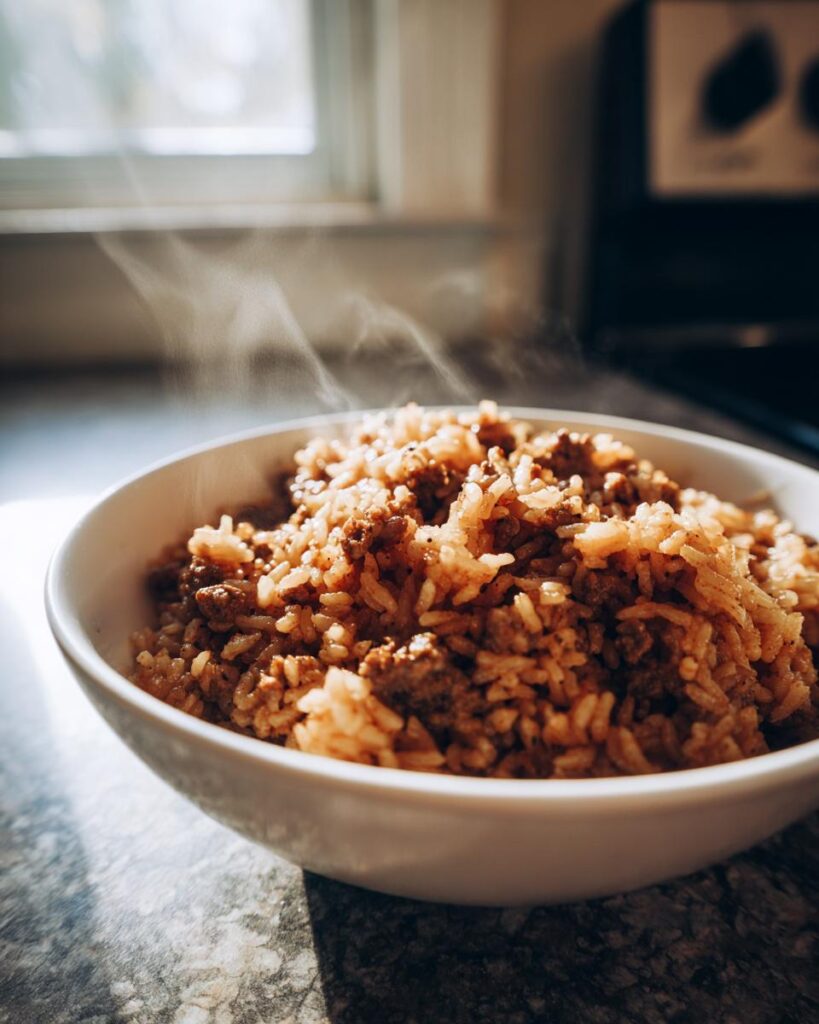Steaming bowl of rice mixed with ground meat, showcasing one pot dinner recipes.
