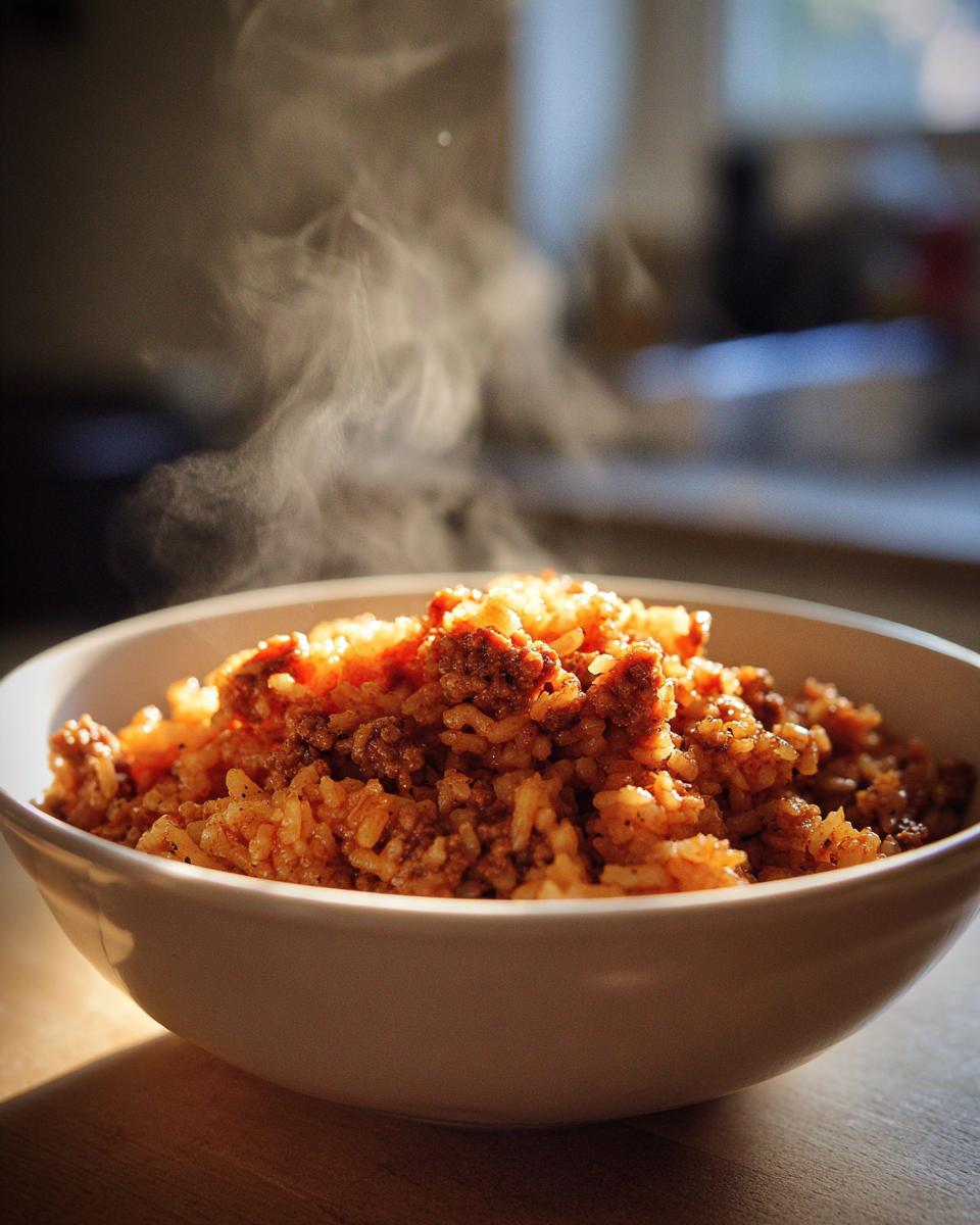Steaming bowl of seasoned rice with ground meat, a perfect one pot dinner recipes meal