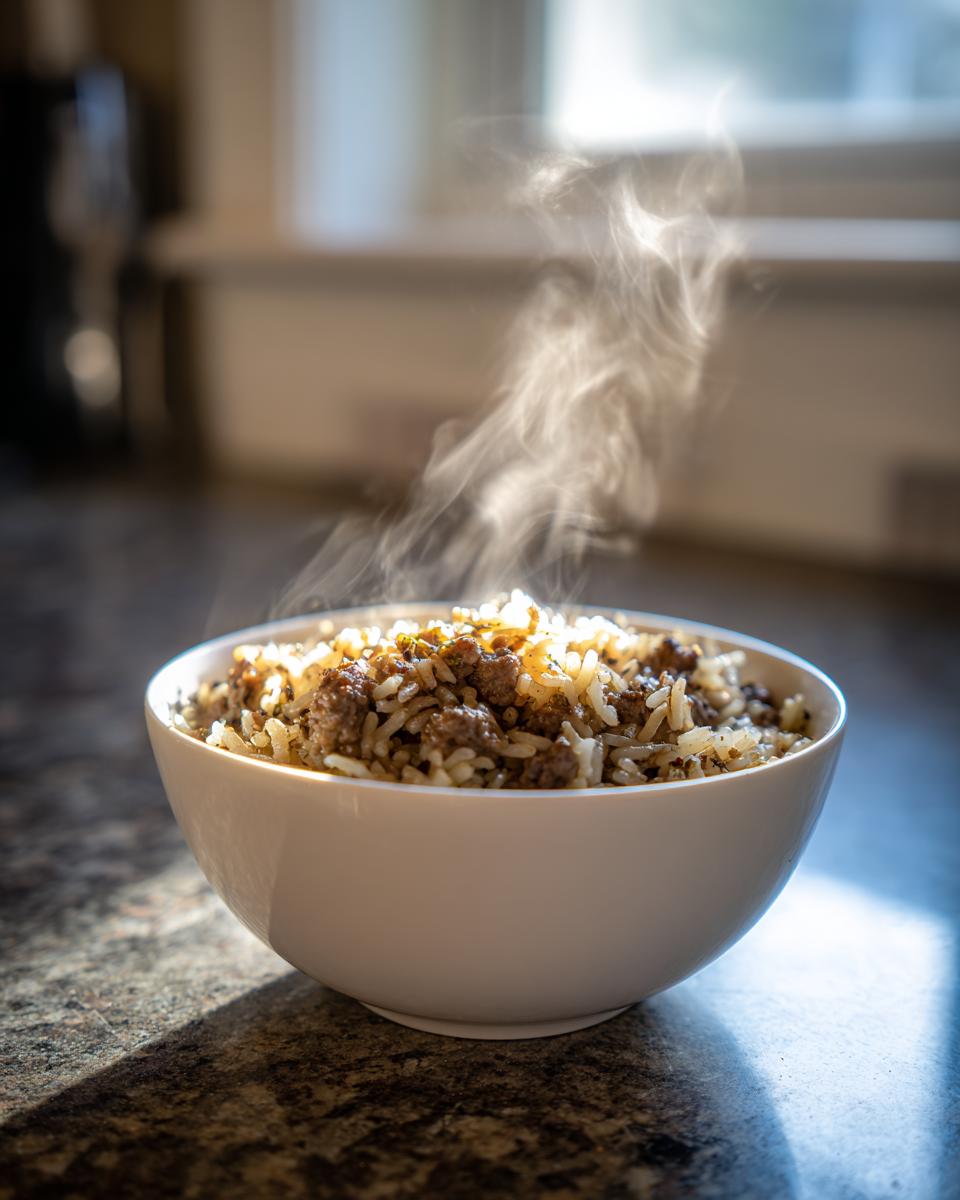 Steaming bowl of rice and meat, a comforting one pot dinner recipes meal.