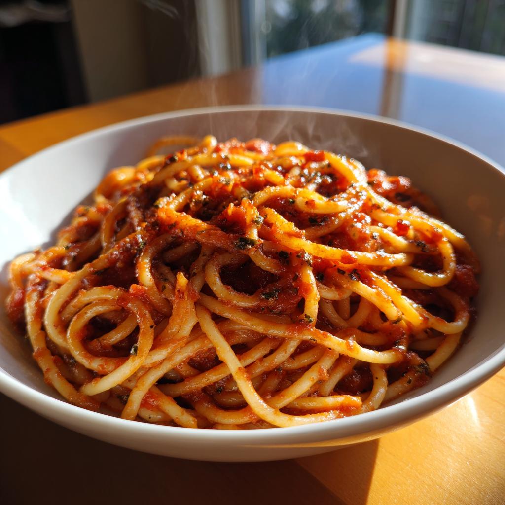 Close-up of steaming spaghetti with rich tomato sauce in a white bowl on a wooden table.