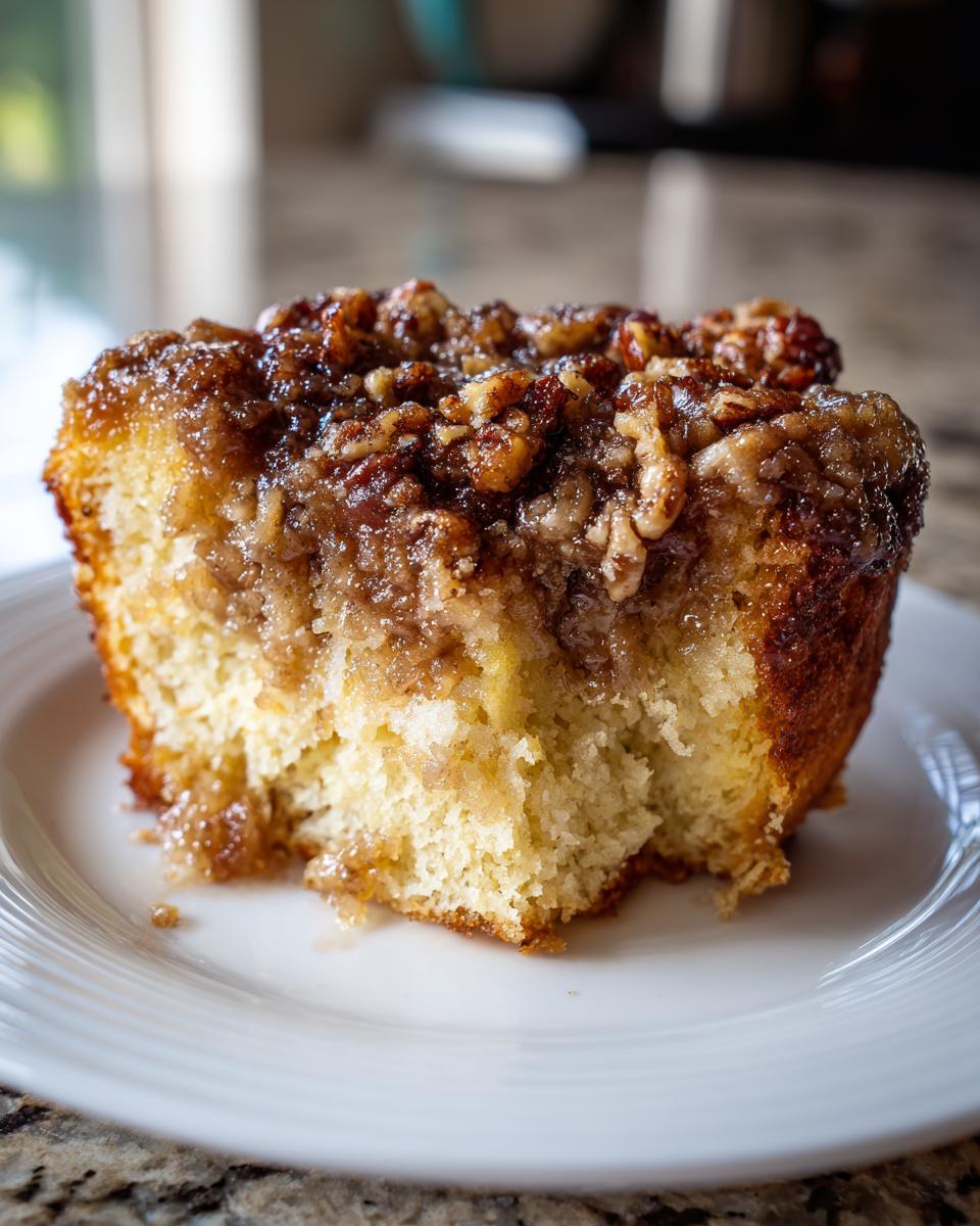 Slice of sticky pecan coffee cake on a white plate, perfect Easter brunch dessert ideas