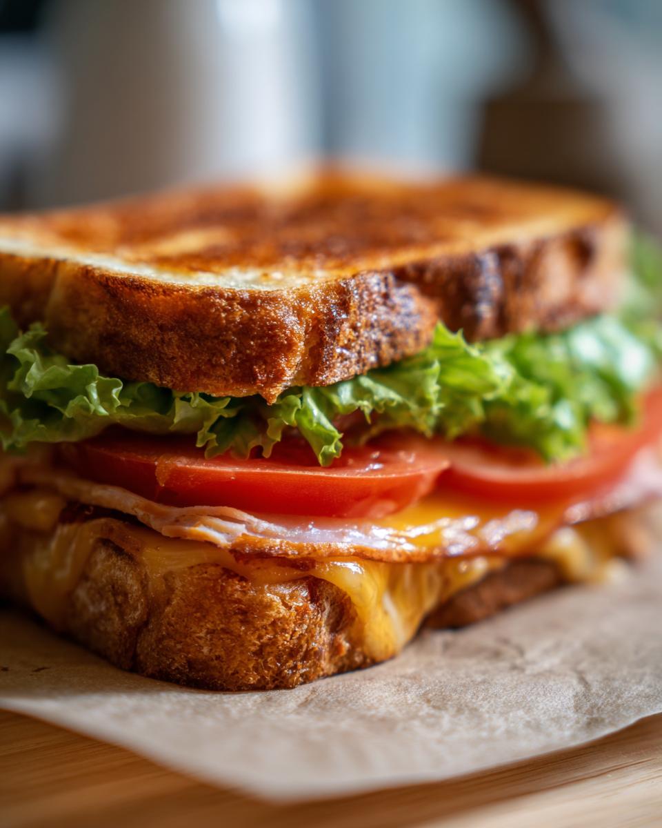 Toasted ham sandwich with melted cheese, lettuce, and tomato slices on toasted bread.