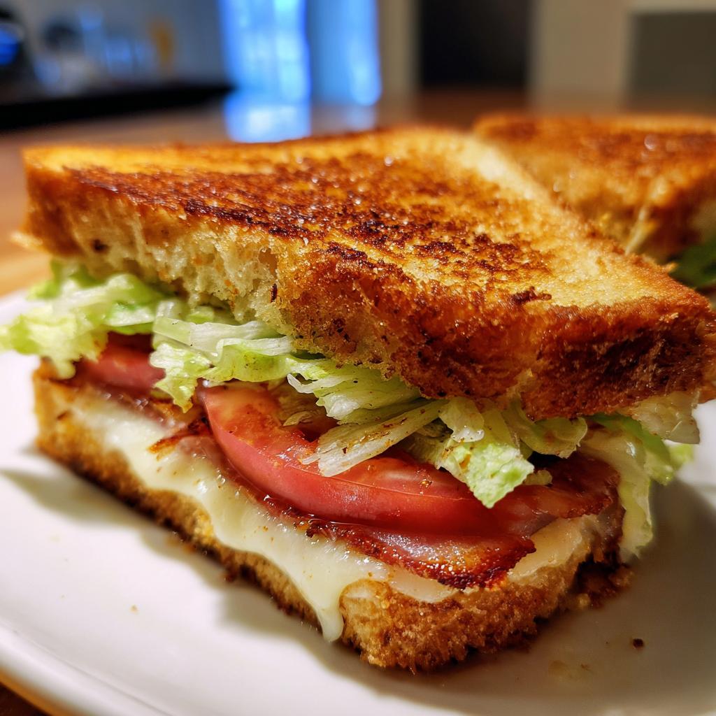 Toasted ham sandwich with melted cheese, lettuce, and tomato on white plate, a classic sandwich recipes example.
