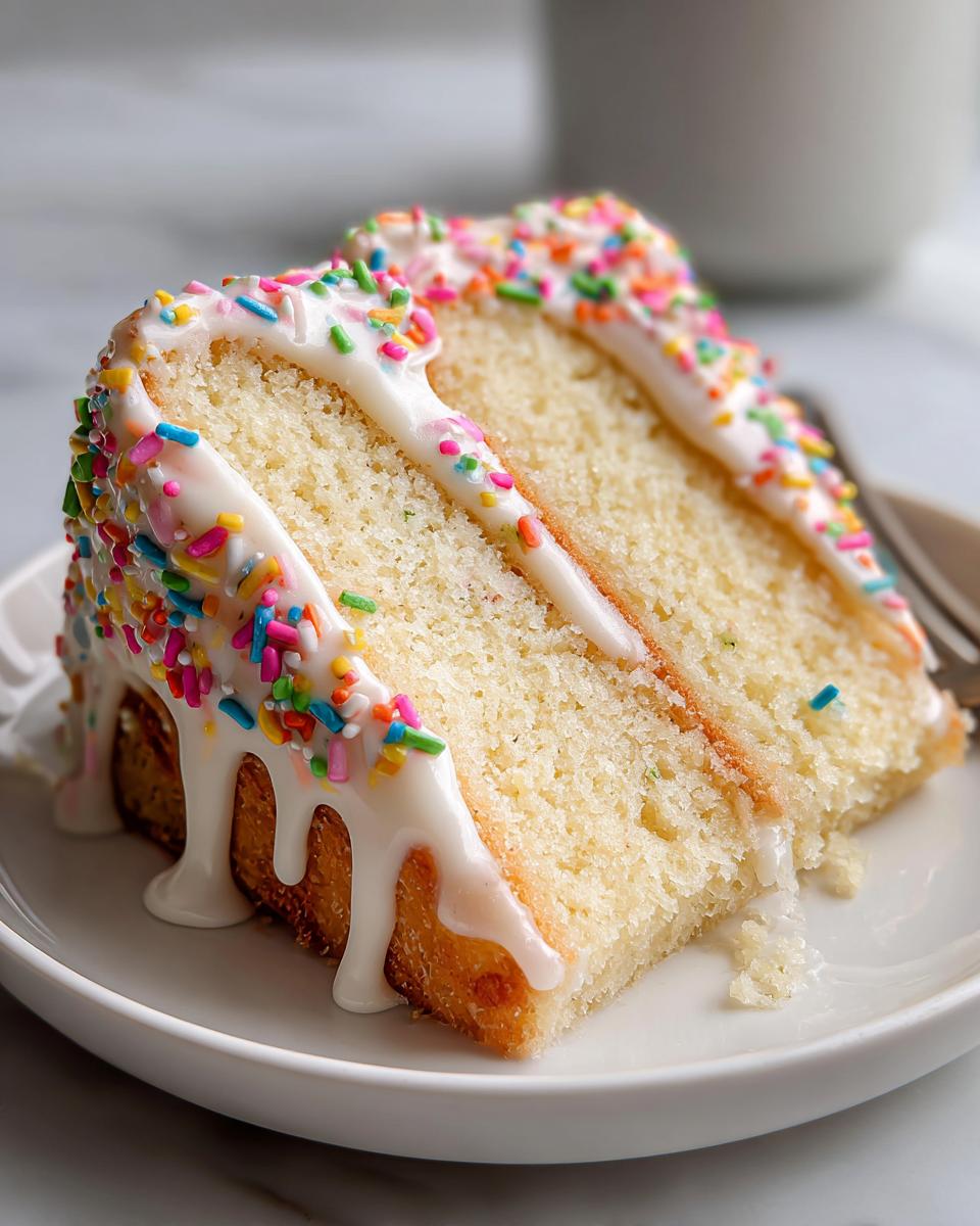 Slice of vanilla cake with white icing and colorful sprinkles on a white plate for Easter dessert recipes