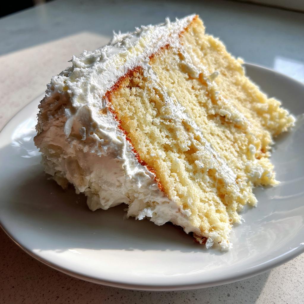 Close-up of a slice of vanilla cake with white frosting on a white plate, perfect for Quick Easter desserts.