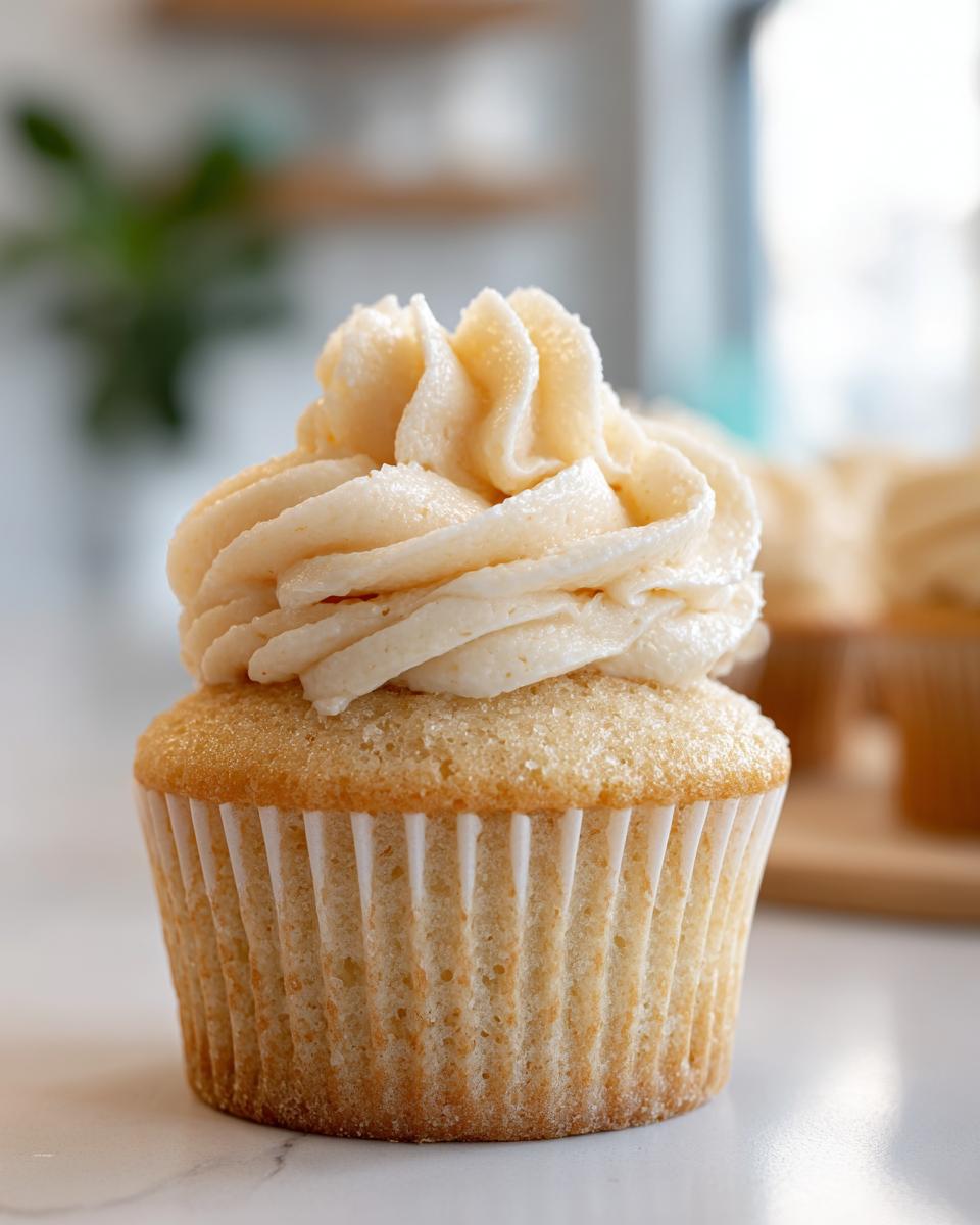 Close-up of a vanilla cupcake topped with creamy frosting, showcasing easy cupcake recipes.