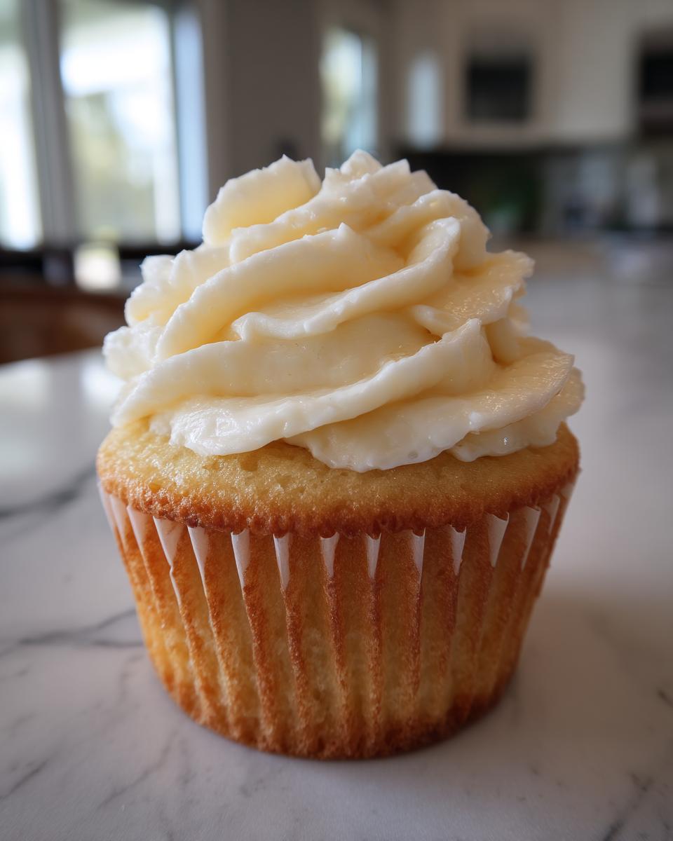Close-up of a vanilla cupcake topped with creamy white frosting on a marble surface