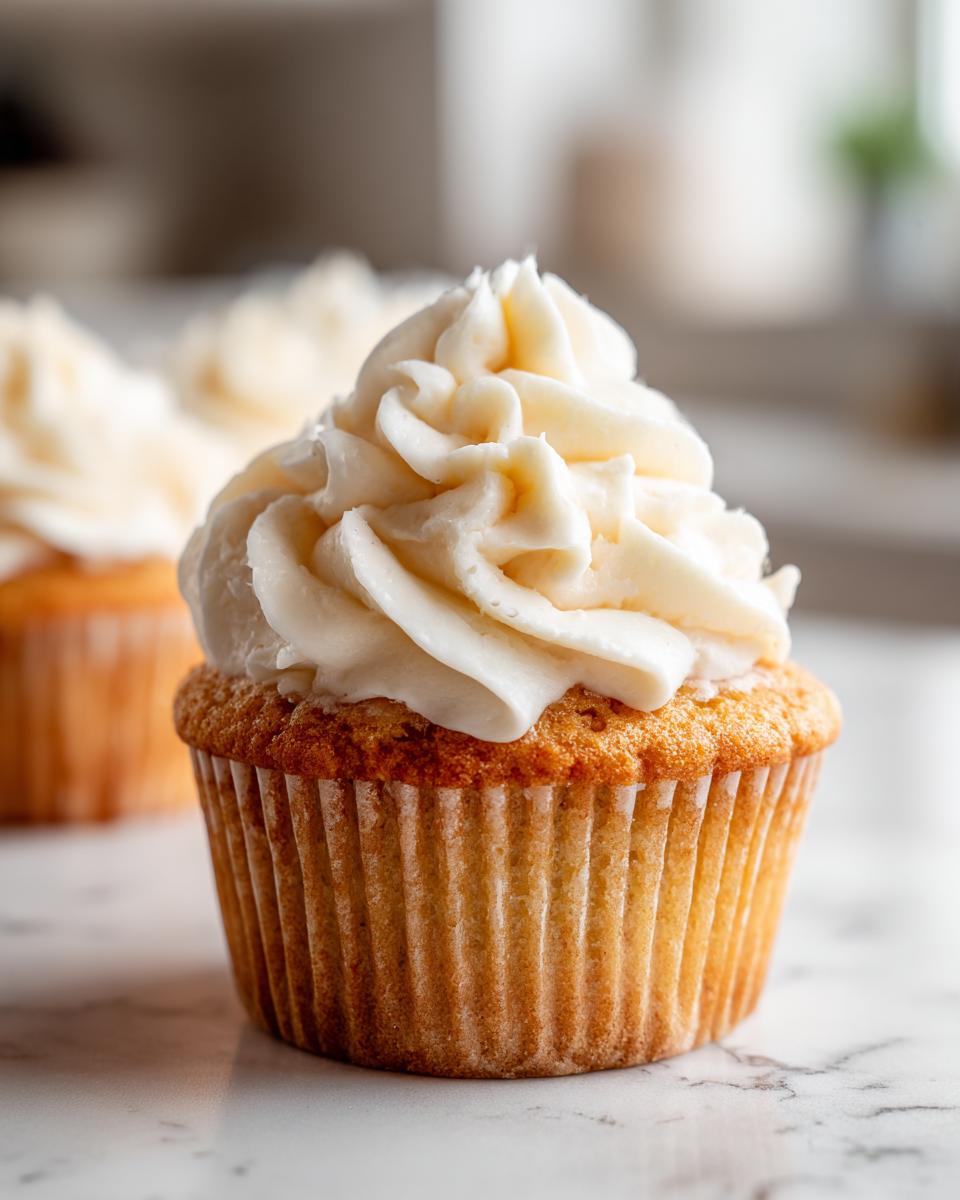 Close-up of a vanilla cupcake topped with swirled creamy white frosting on a marble surface.