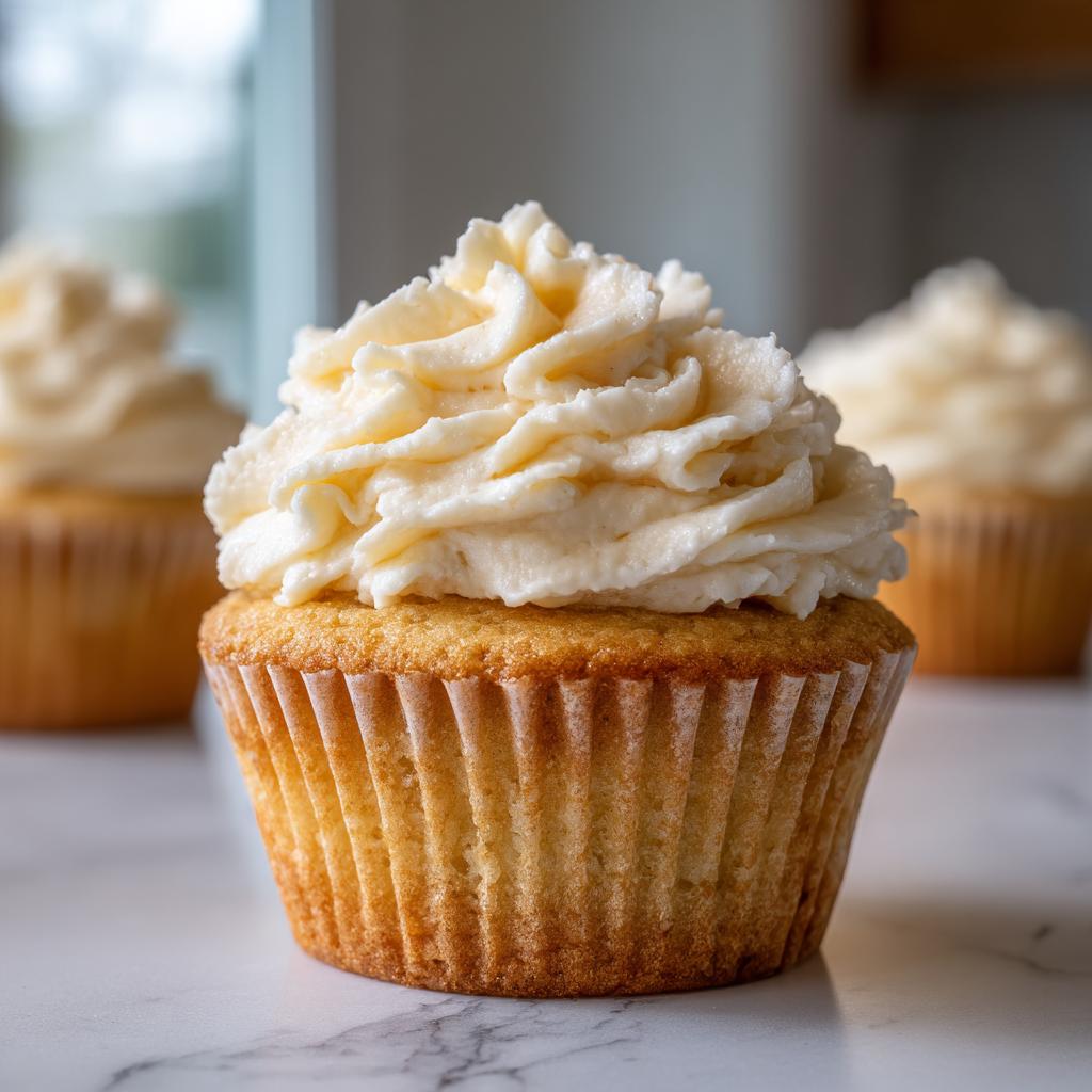 Close-up of a vanilla cupcake topped with creamy white frosting, showcasing easy cupcake recipes.
