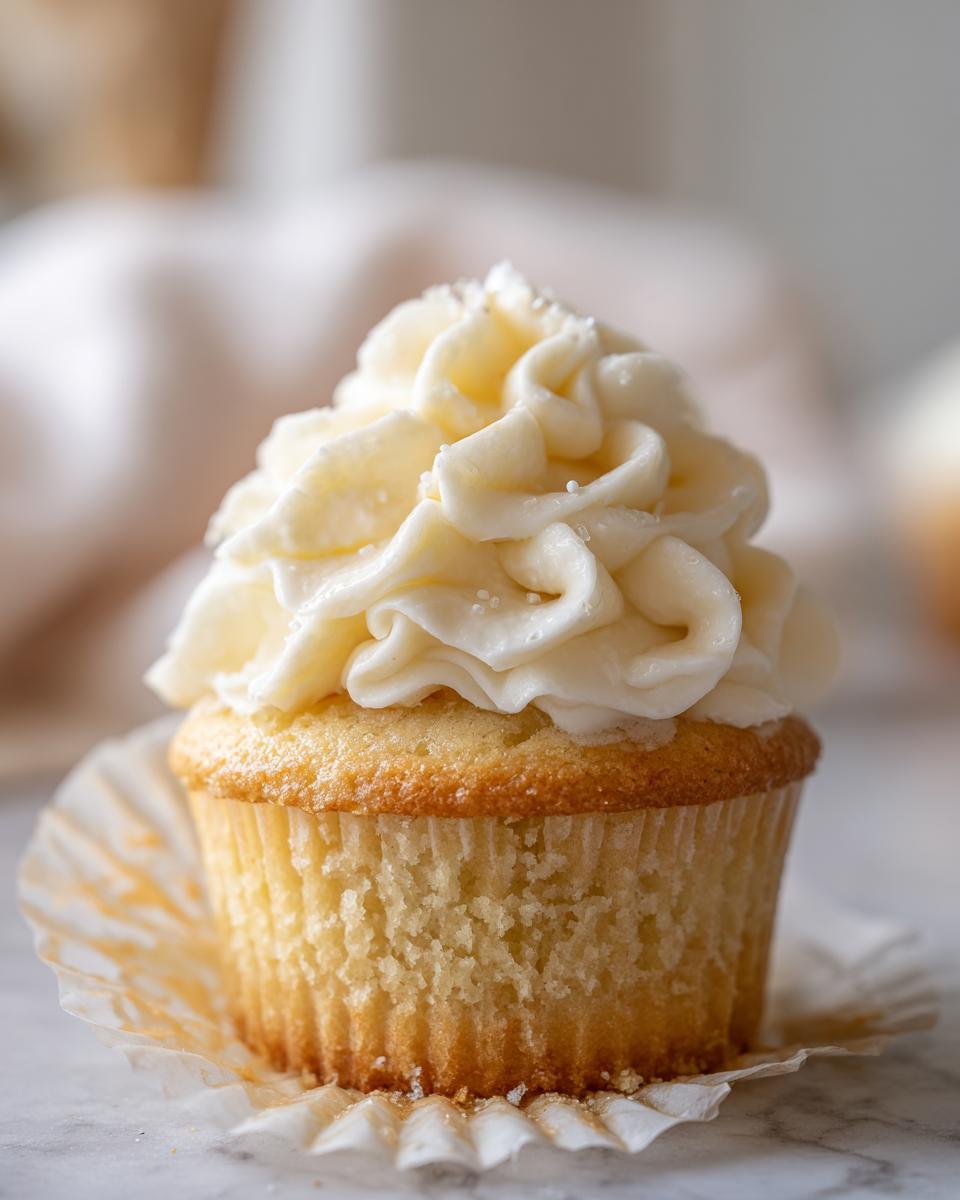 Close-up of a vanilla cupcake with white creamy frosting, showcasing easy cupcake recipes.