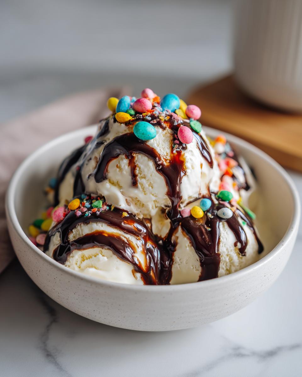 Vanilla ice cream scoops drizzled with chocolate sauce and colorful mini egg dessert recipes candy pieces