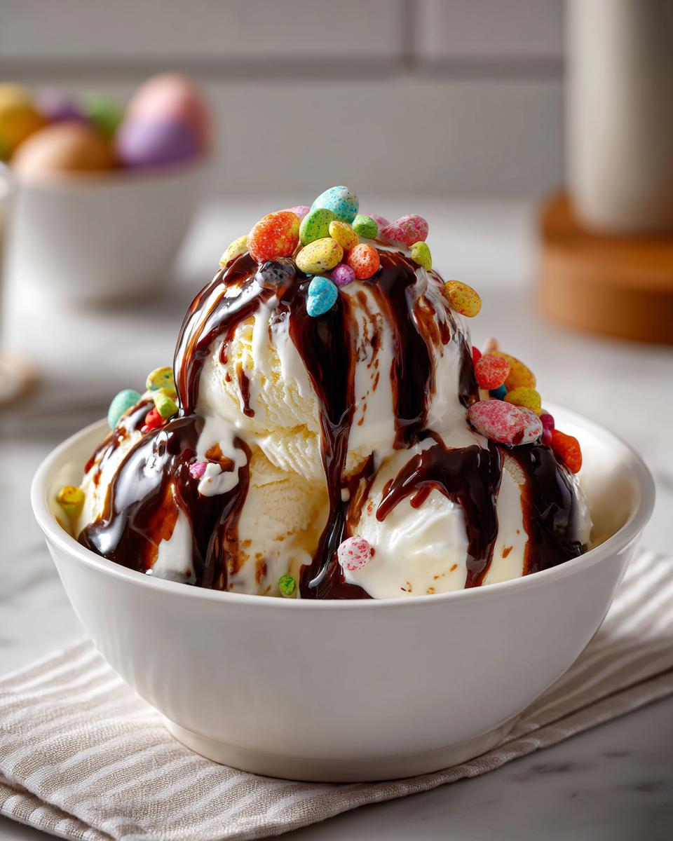 Vanilla ice cream scoops topped with chocolate sauce and colorful mini egg dessert recipes candy