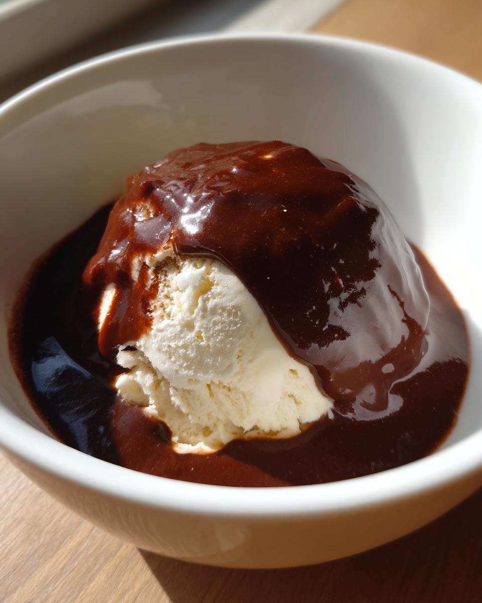 Vanilla ice cream scoop topped with rich simple chocolate sauce in a white bowl.