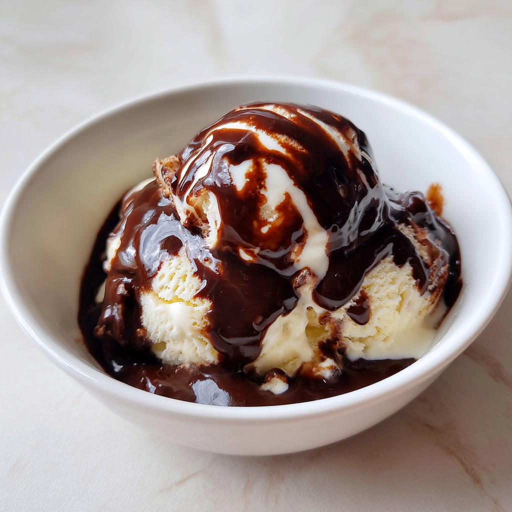 Vanilla ice cream scoop topped with rich simple chocolate sauce in a white bowl