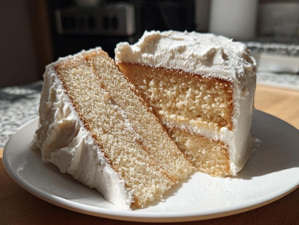 Two slices of vanilla layer cake with white whipped frosting on a white plate.