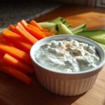 Carrot and cucumber sticks with creamy herb dip on wooden board quick snack recipes