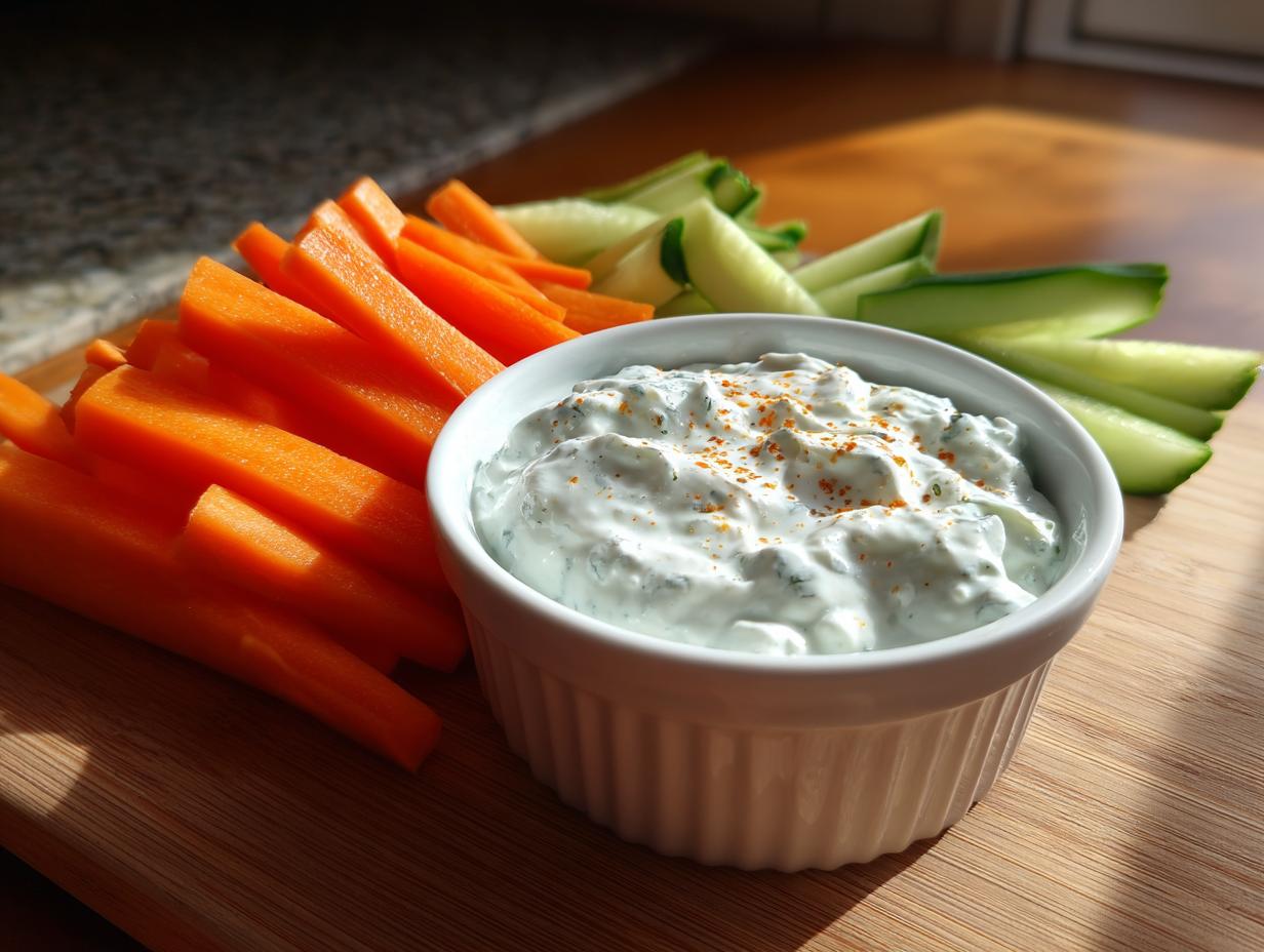 Carrot and cucumber sticks with creamy herb dip on wooden board quick snack recipes