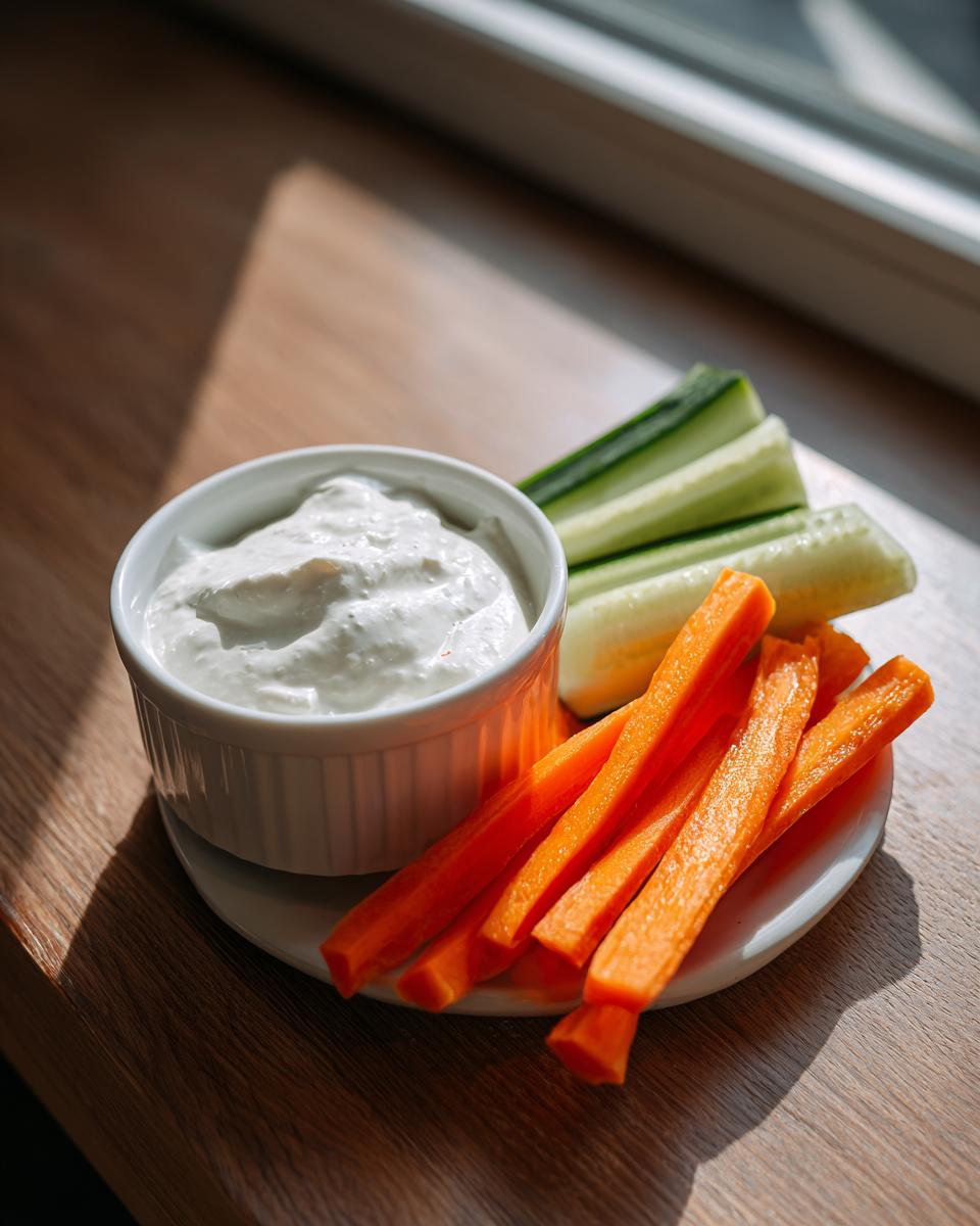 Plate with carrot and cucumber sticks served with a creamy white dip for quick snack recipes