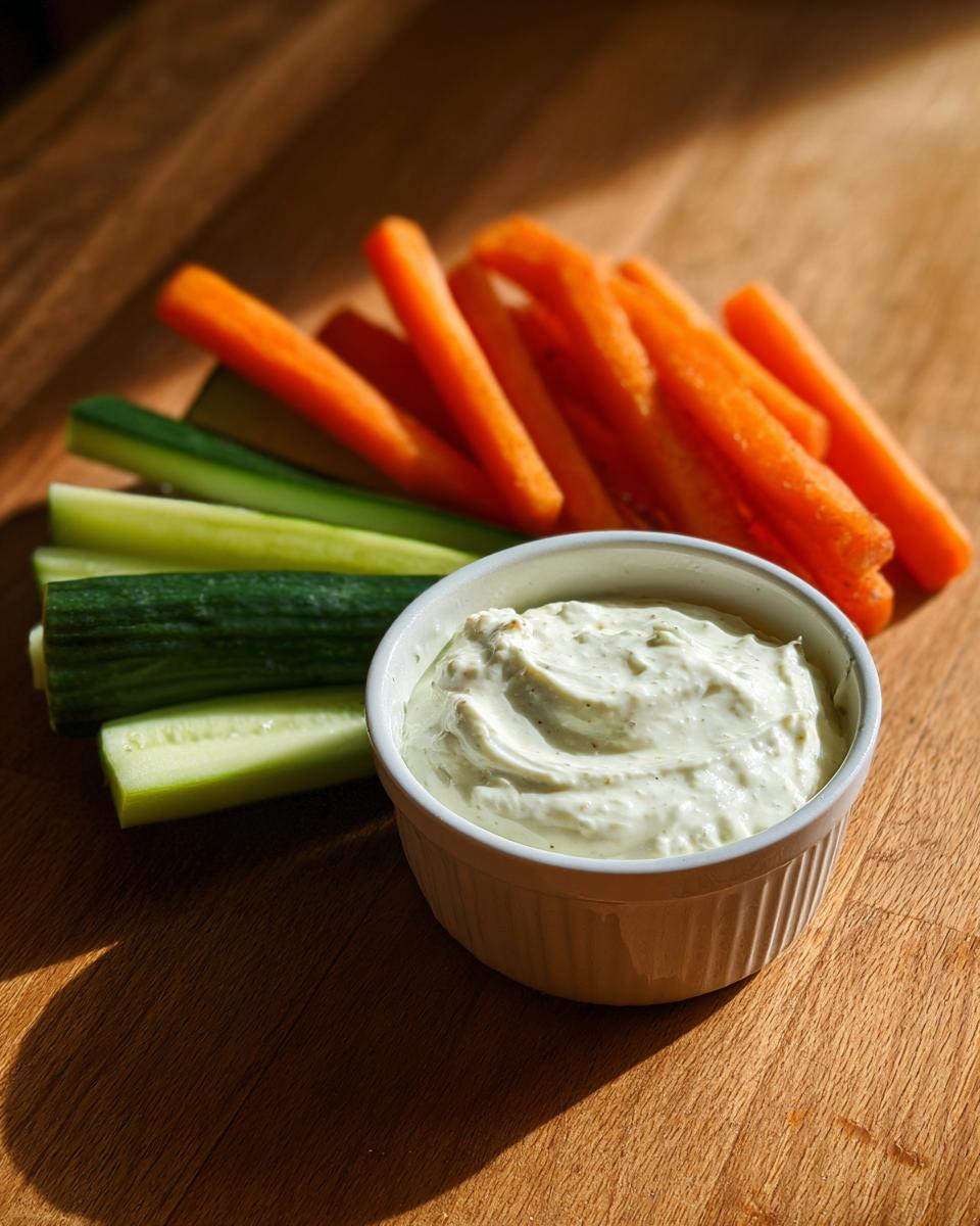 Carrot and cucumber sticks served with a creamy dip for quick snack recipes