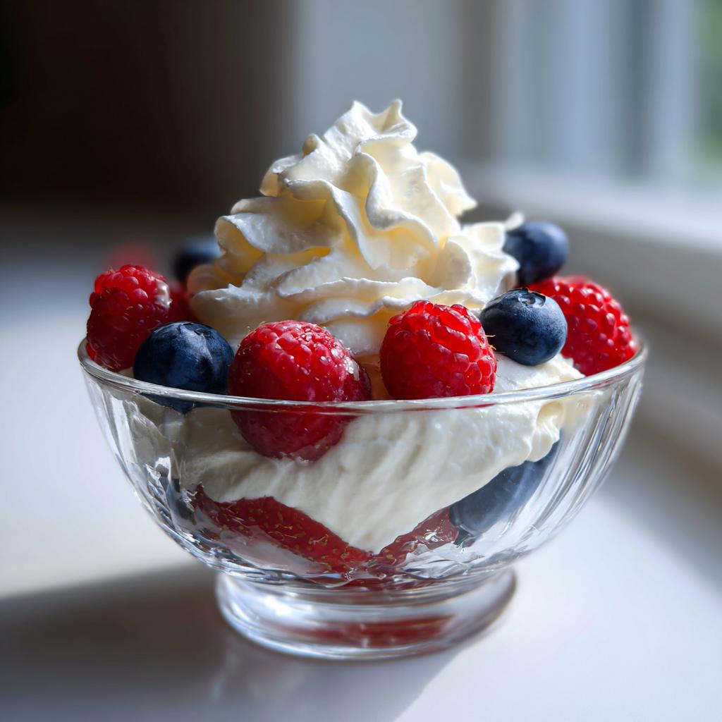 Glass bowl with whipped cream topped with fresh raspberries and blueberries spring party dessert recipes