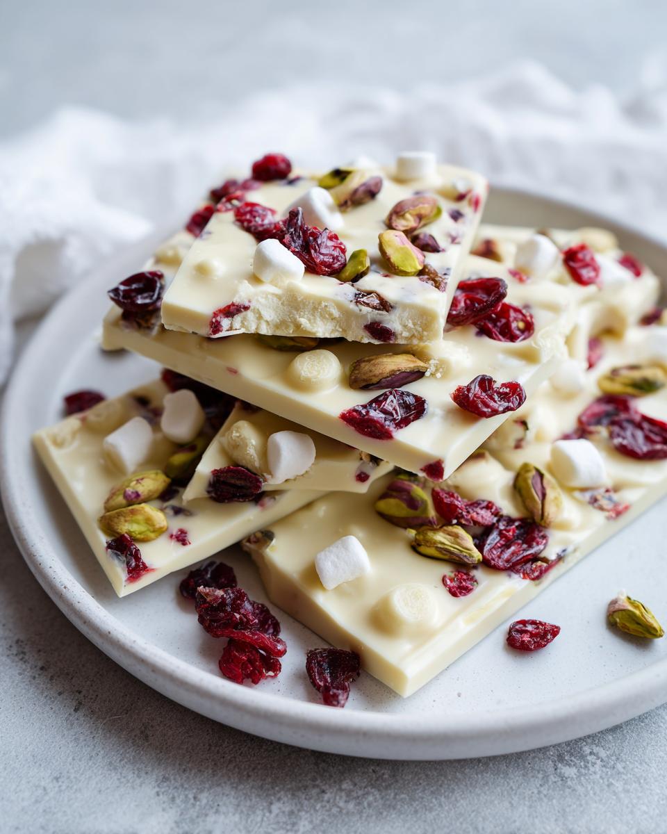 Stack of white chocolate bark pieces topped with dried cranberries, pistachios, and mini marshmallows.