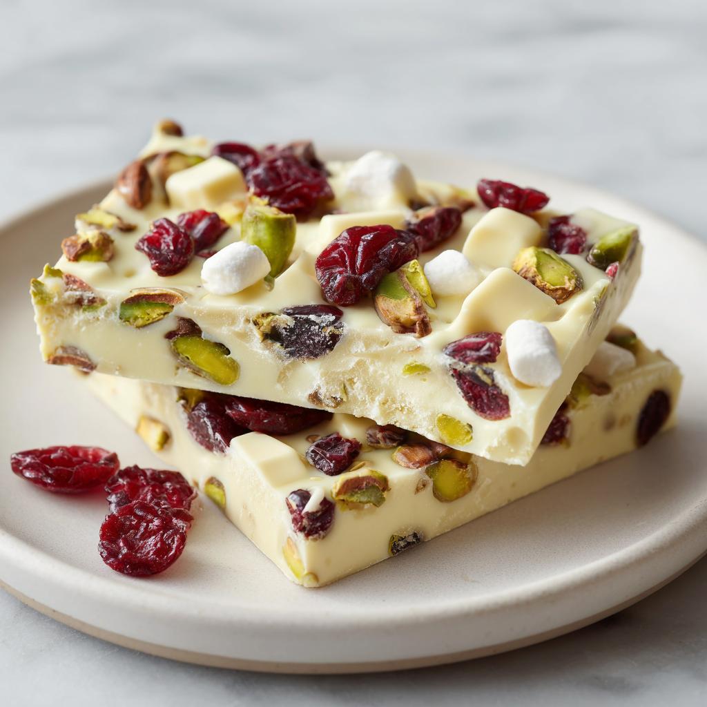Close-up of white chocolate bark pieces with cranberries, pistachios, and marshmallows on a plate.