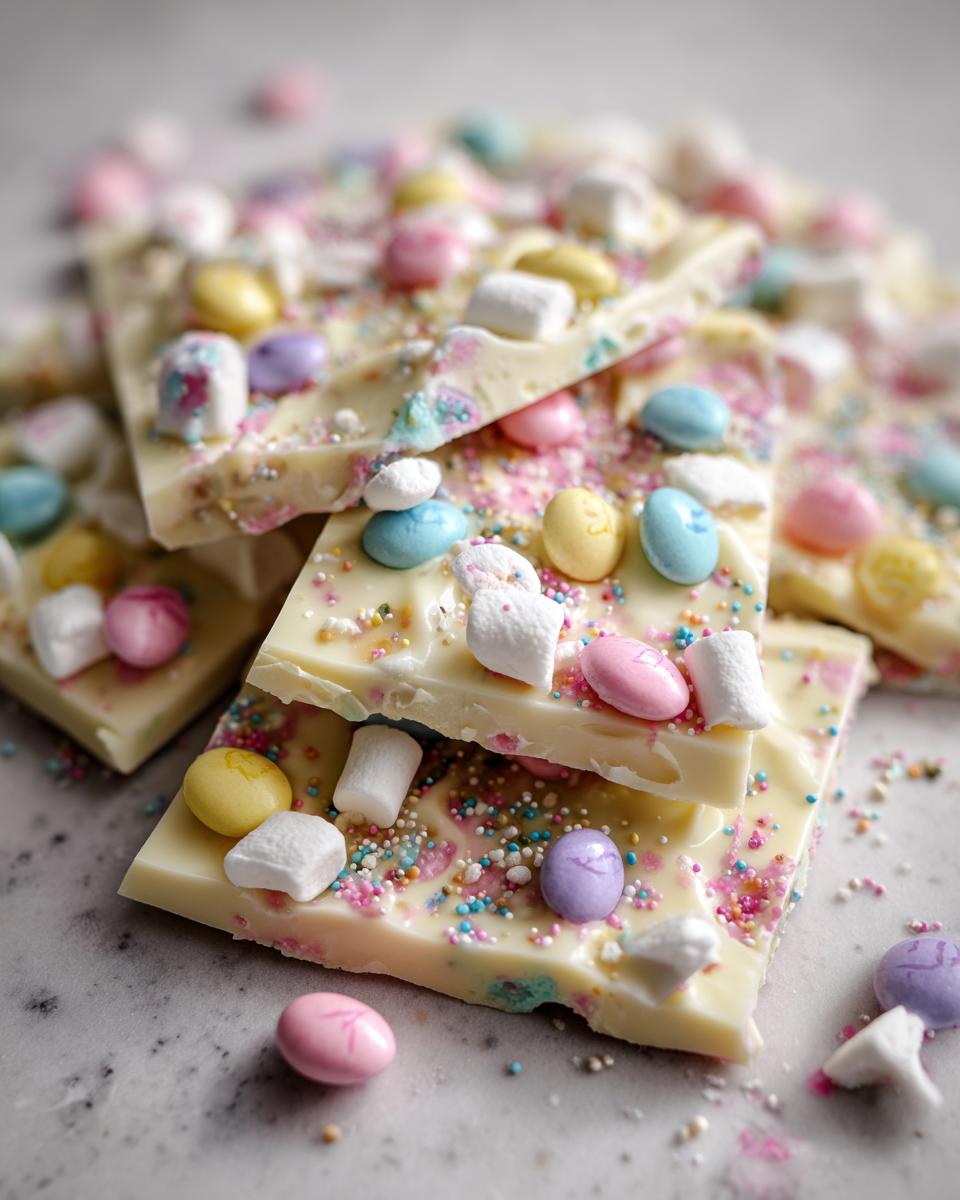 Close-up of white chocolate bark Easter with pastel candy and marshmallow toppings