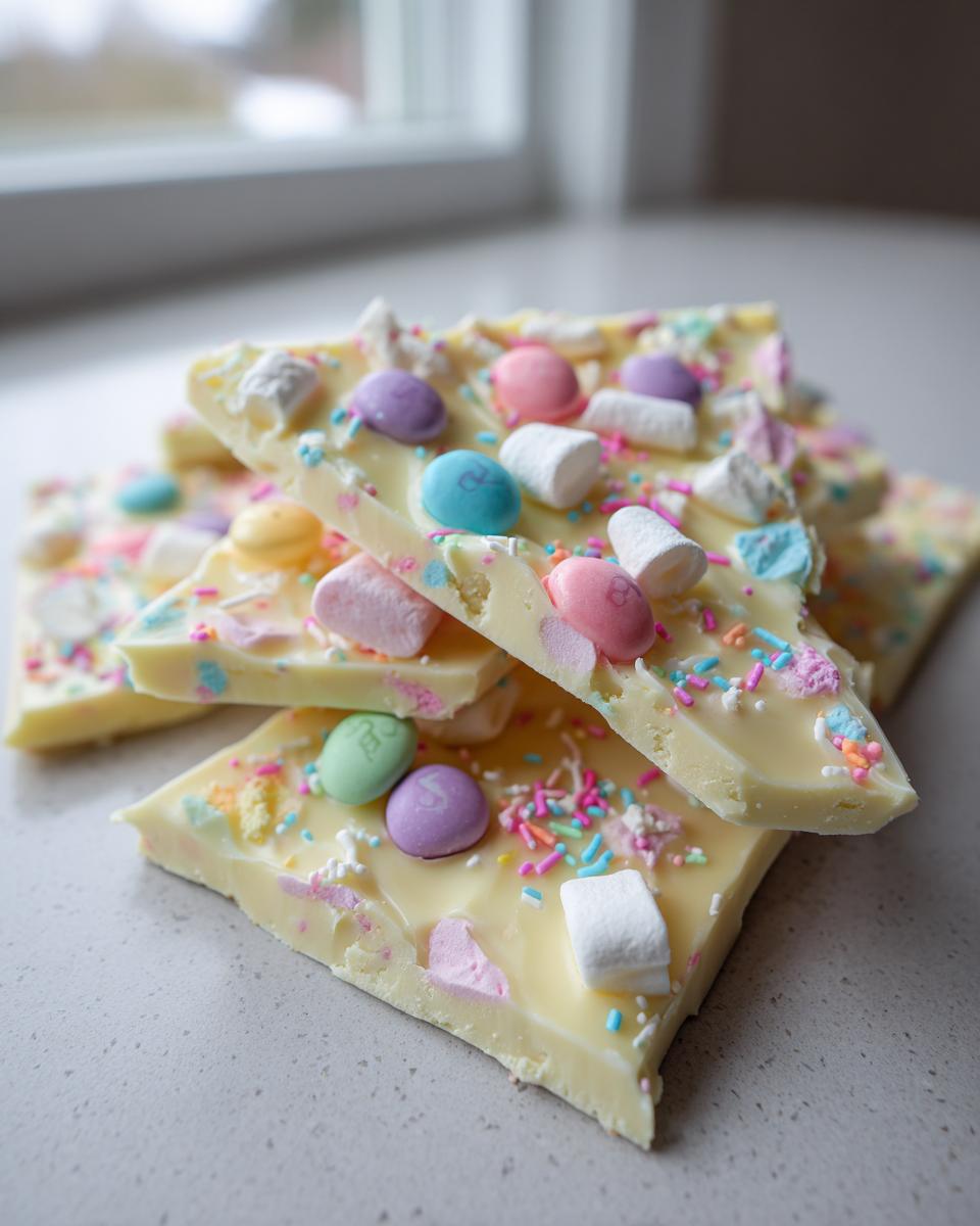 Pieces of white chocolate bark Easter decorated with pastel candies, marshmallows, and sprinkles.