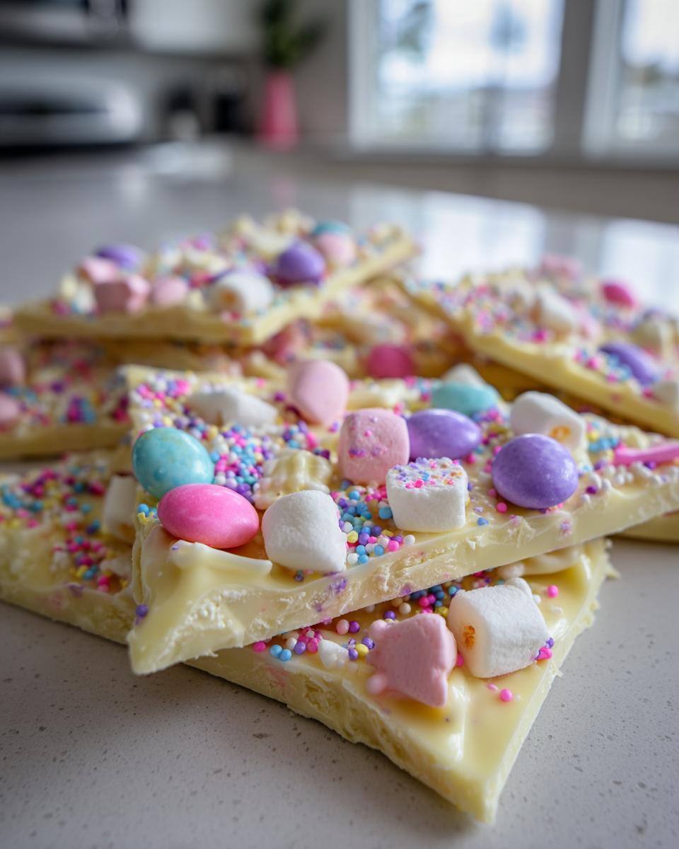 Close-up of white chocolate bark Easter pieces topped with pastel candies and sprinkles.